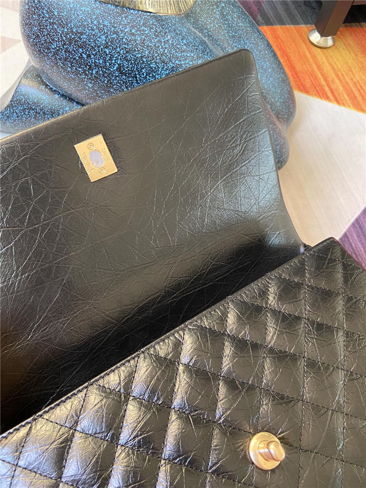 Medium FLAP BAG WITH TOP HANDLE Shiny Calfskin Black Gold Metal High