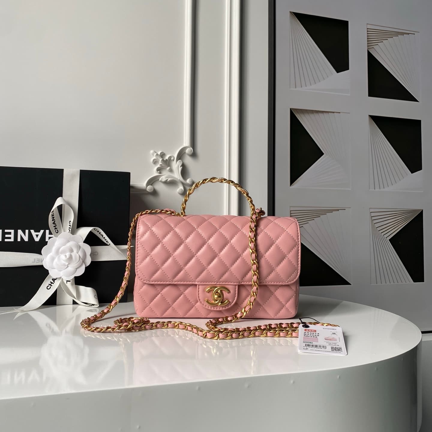 Chanel Small Flap Bag with Top Handle Lambskin& Gold-tone Metal Light Pink AS5814 A
