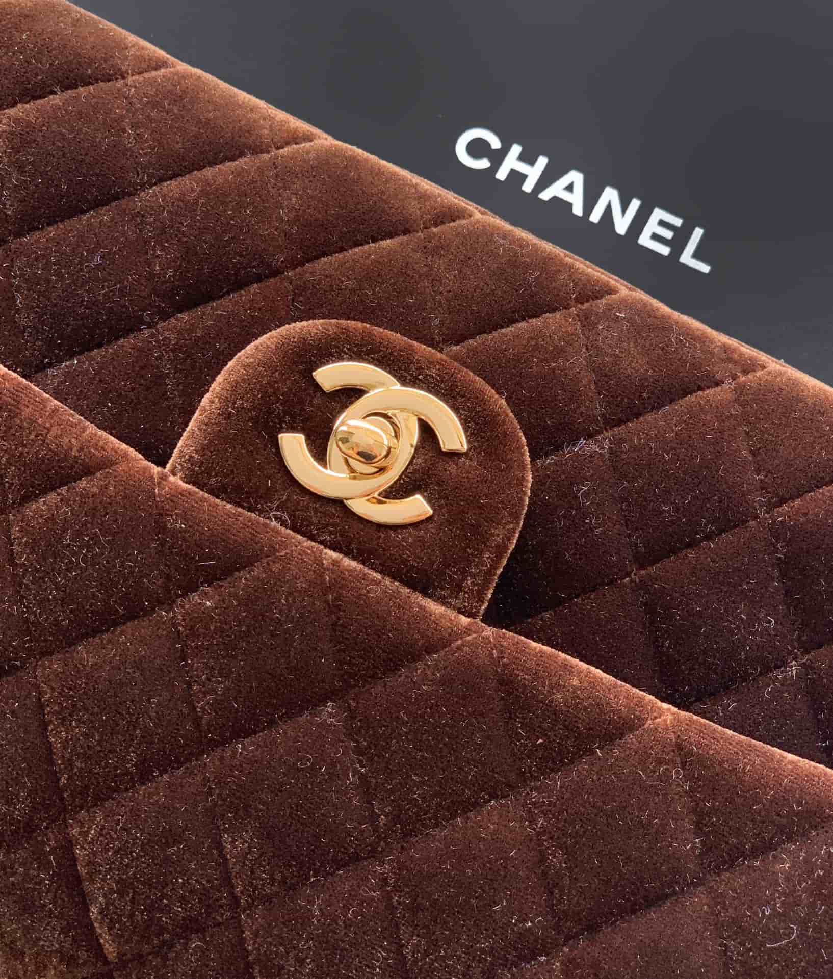 Chanel Medium CLASSIC HANDBAG Velvet  & Gold-Tone Metal Coffee A