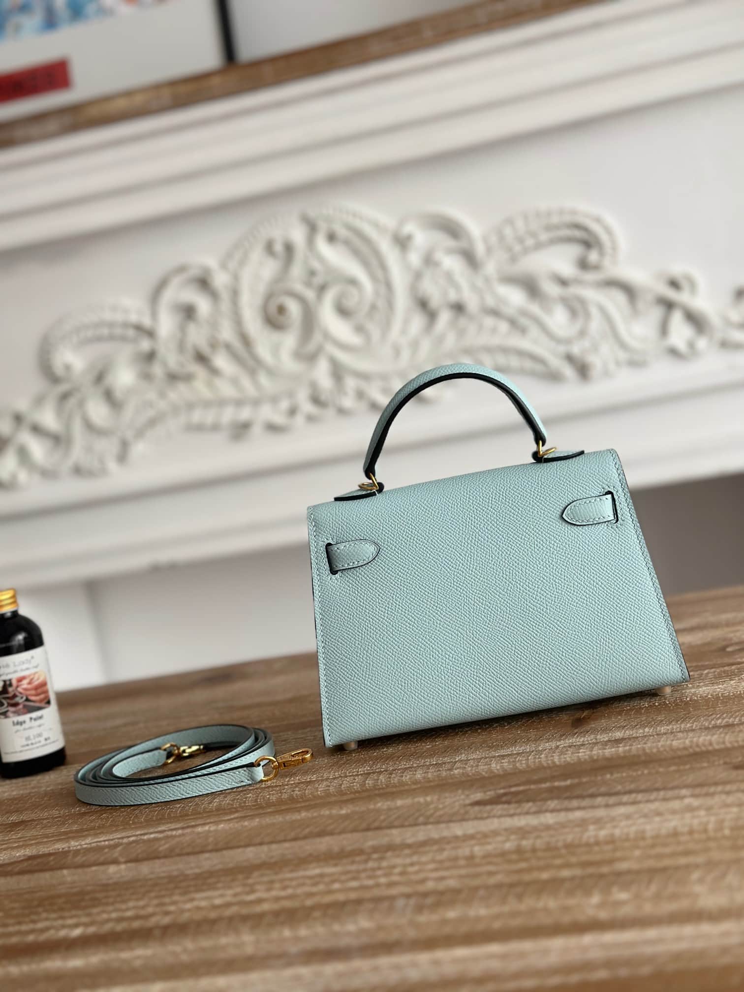Hermes Kelly Mini II Bag Epsom Leather WAX Blue Zephyr High