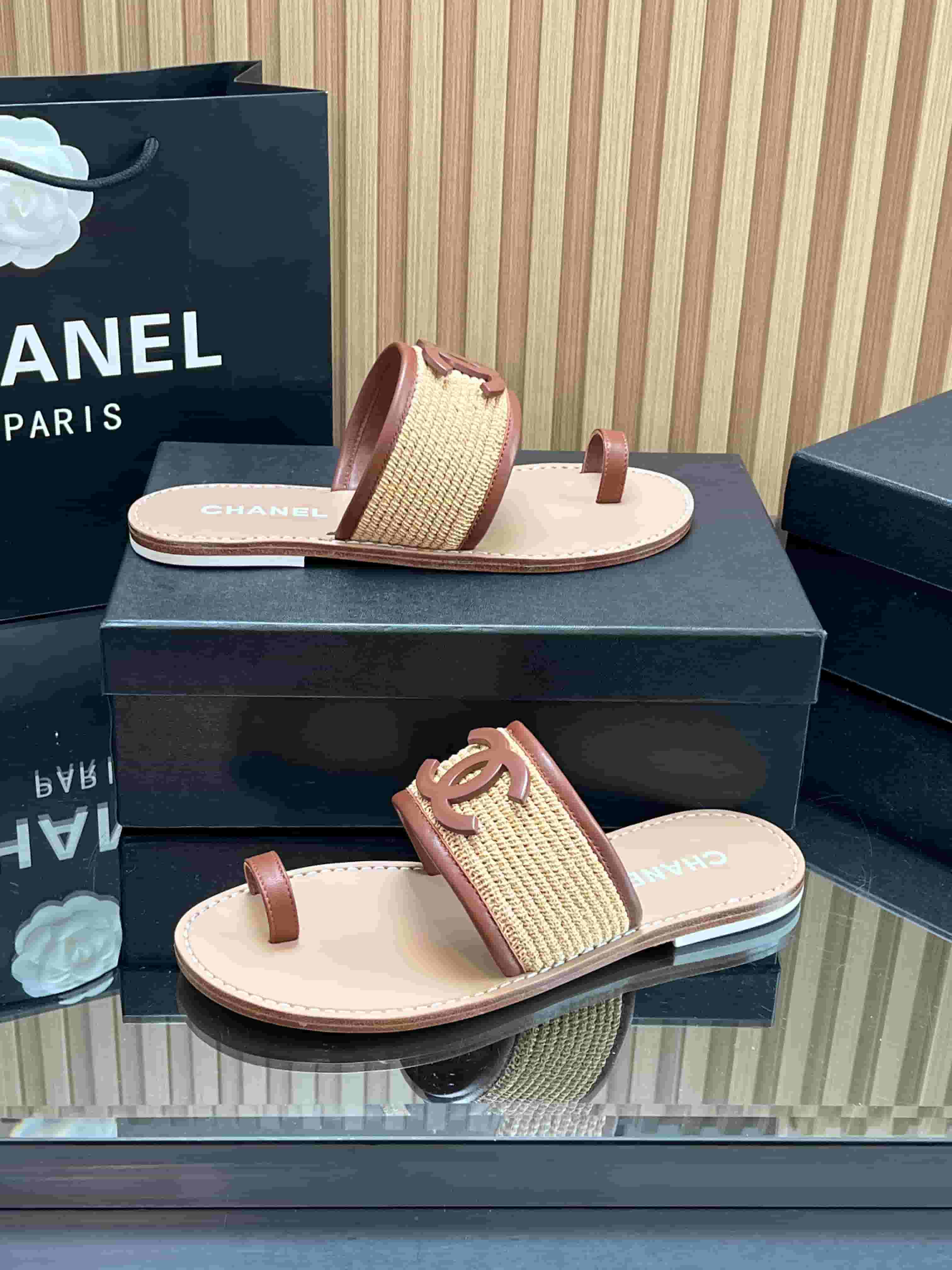 Chanel Raffia & lambskin Mules