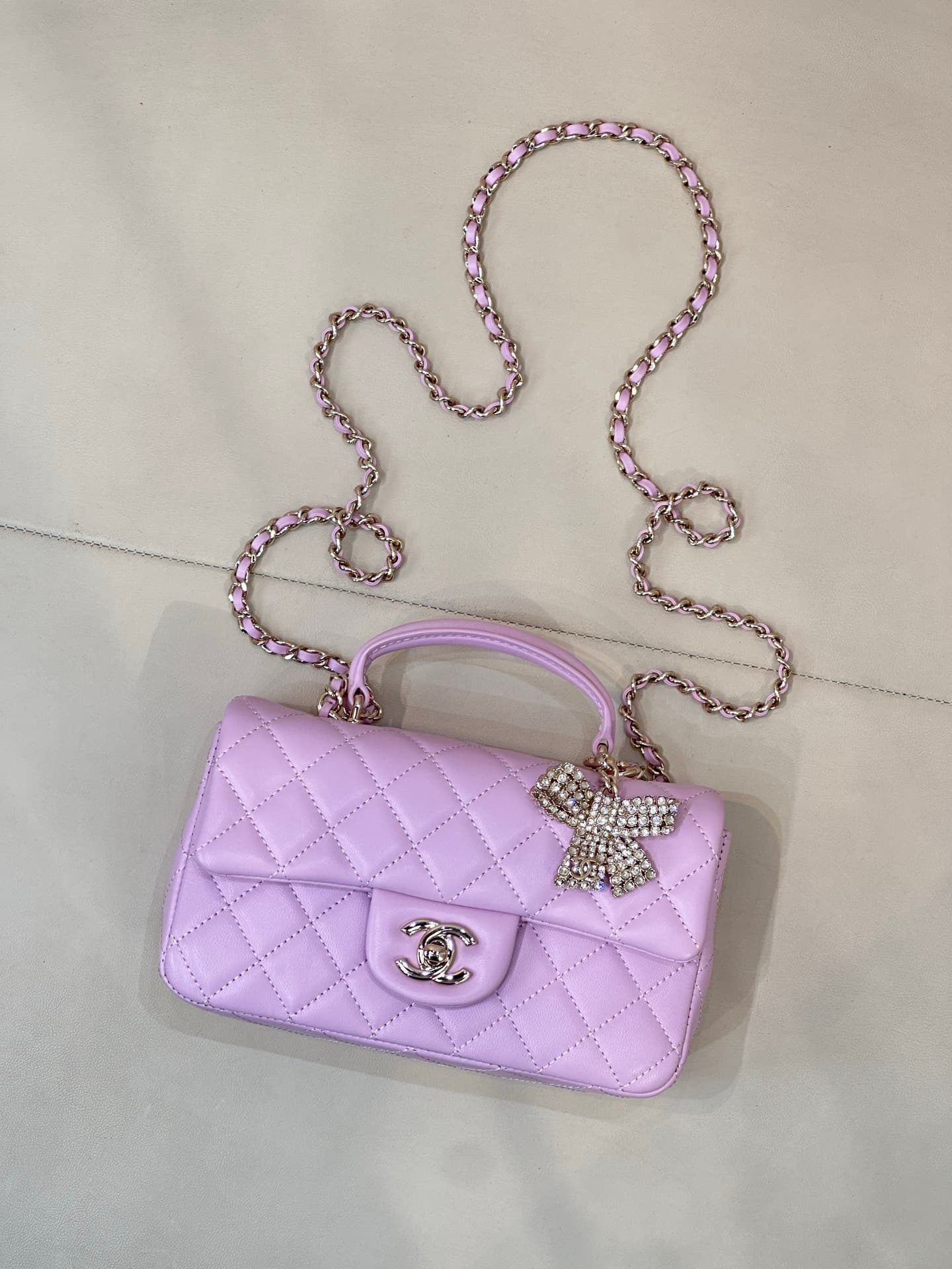 Chanel Mini Classic Handbag Lambskin Strass & Gold-Tone Metal AS2431 light purple TOP