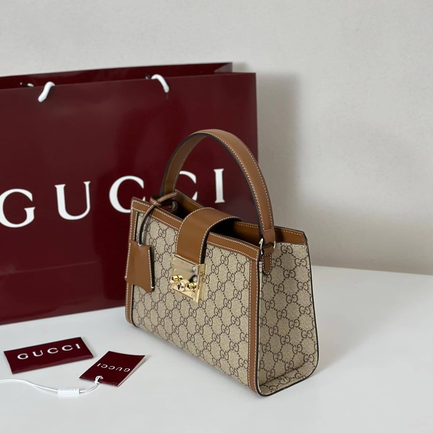Gucci Padlock medium top handle bag beige and brown GG fabric 838992 High