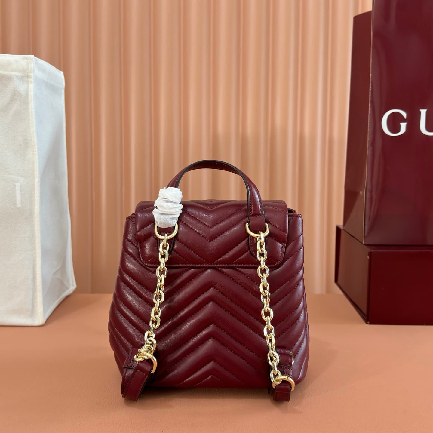 Gucci GG Marmont Mini Backpack Rosso Ancora red Matelassé Chevron Nappa Leather 855921 High