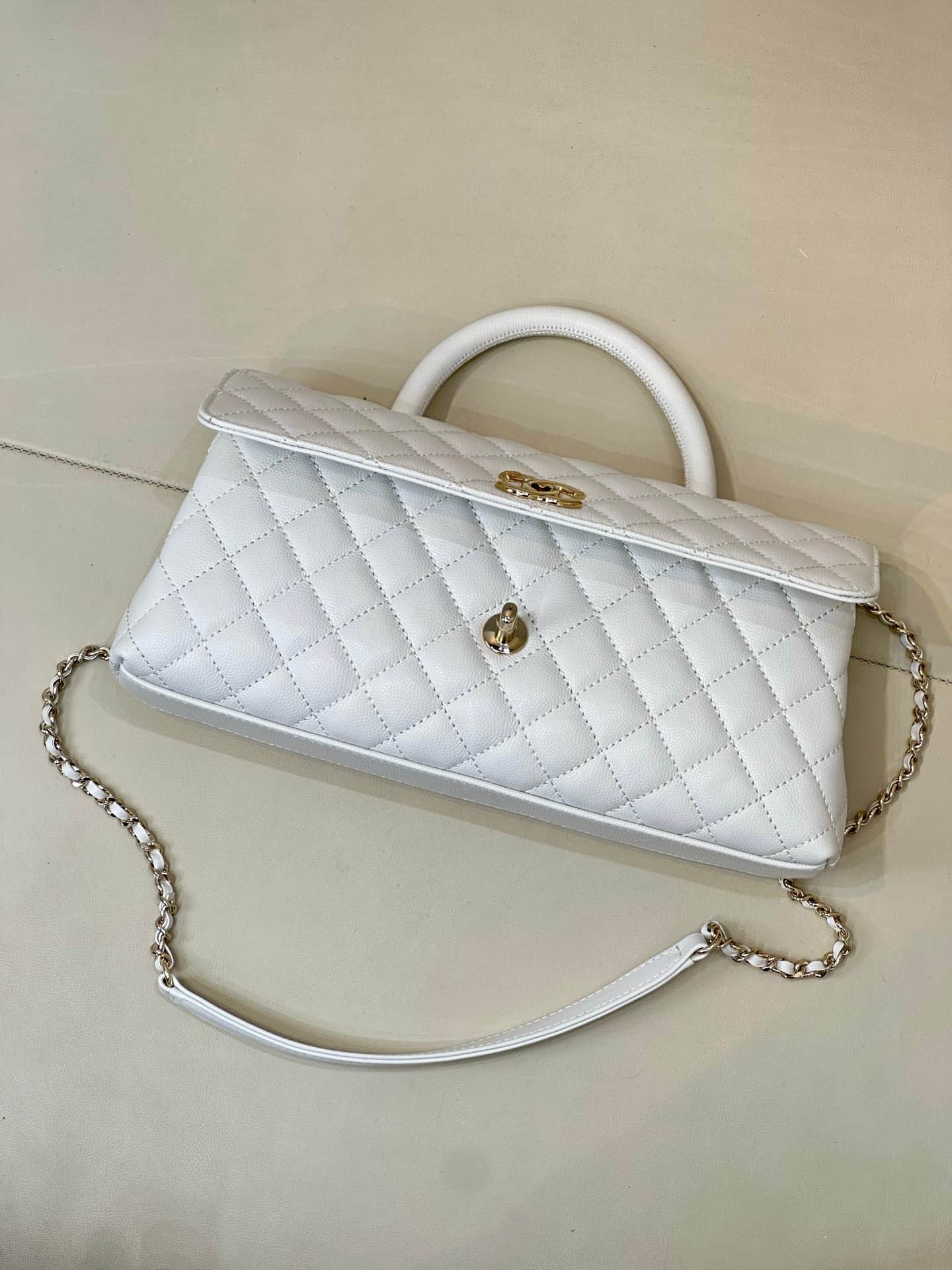 Chanel Maxi Flap Bag with Top Handle Grained Calfskin& Gold-Tone Metal AS6091 White TOP