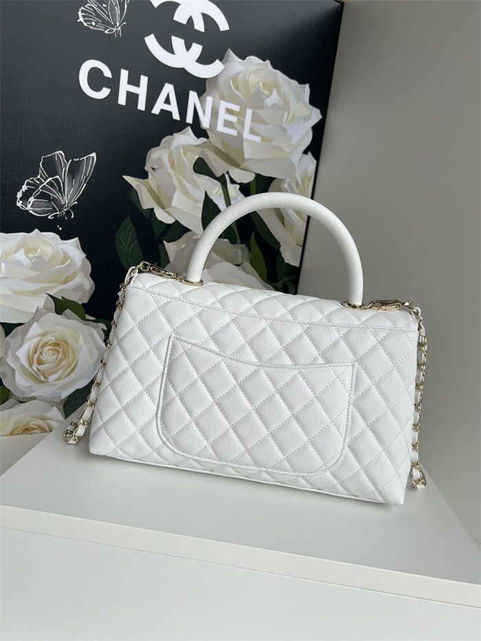 Medium FLAP BAG WITH TOP HANDLE Grained Calfskin White-binding Gold Metal High