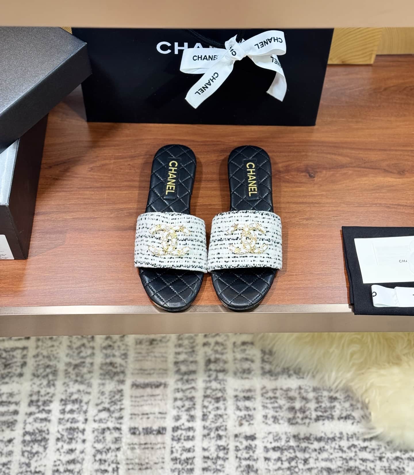 Chanel Tweed CC Chain Mule Sandal Shoes Women