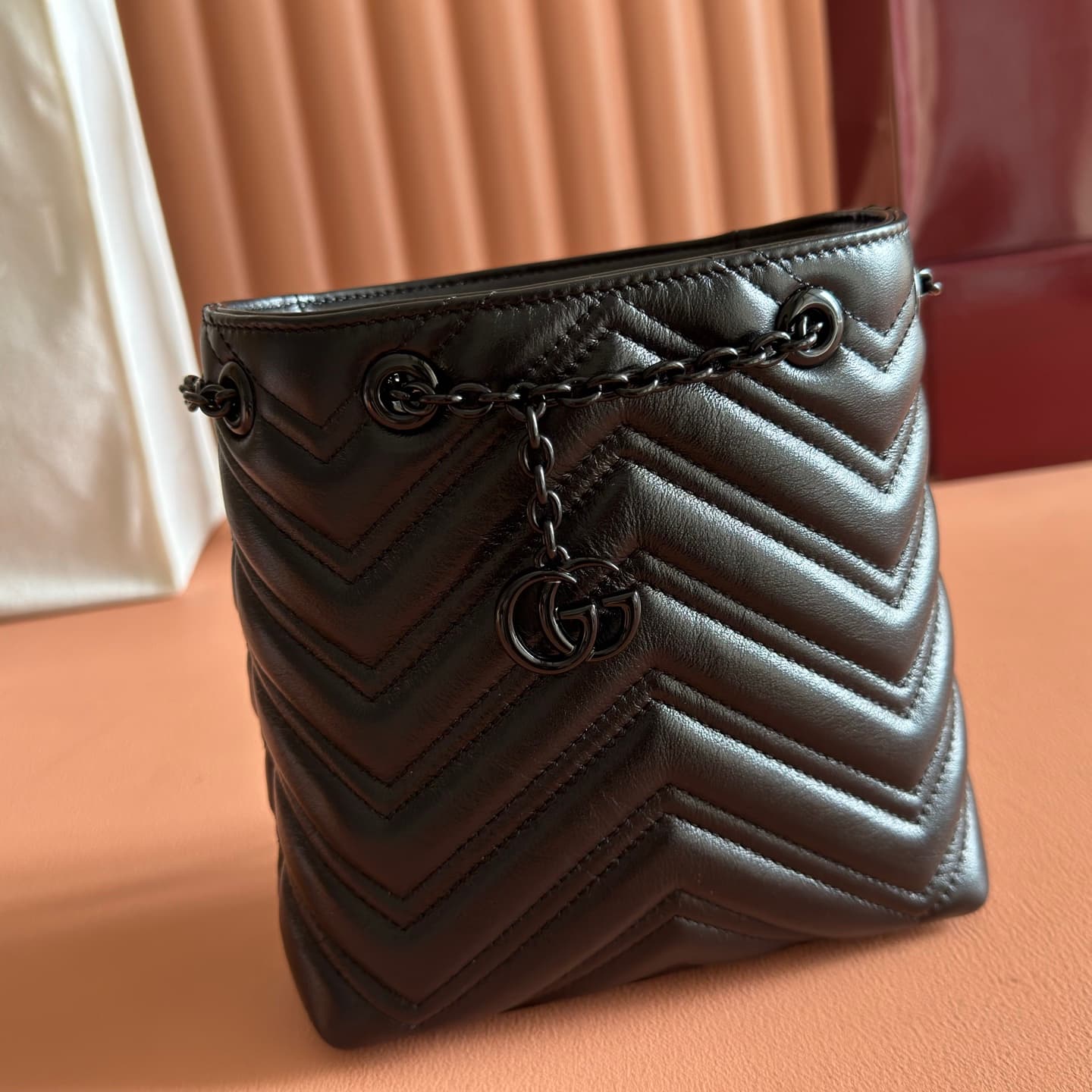Gucci GG Marmont Nano Bucket Bag Black Matelassé Chevron Nappa Leather ‎856404 High