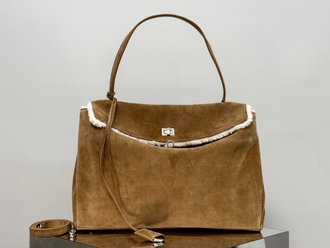 Balenciaga Rodeo Large Bag in Noce Suede Calfskin and White Fleece With Silver-Tone Metal TOP
