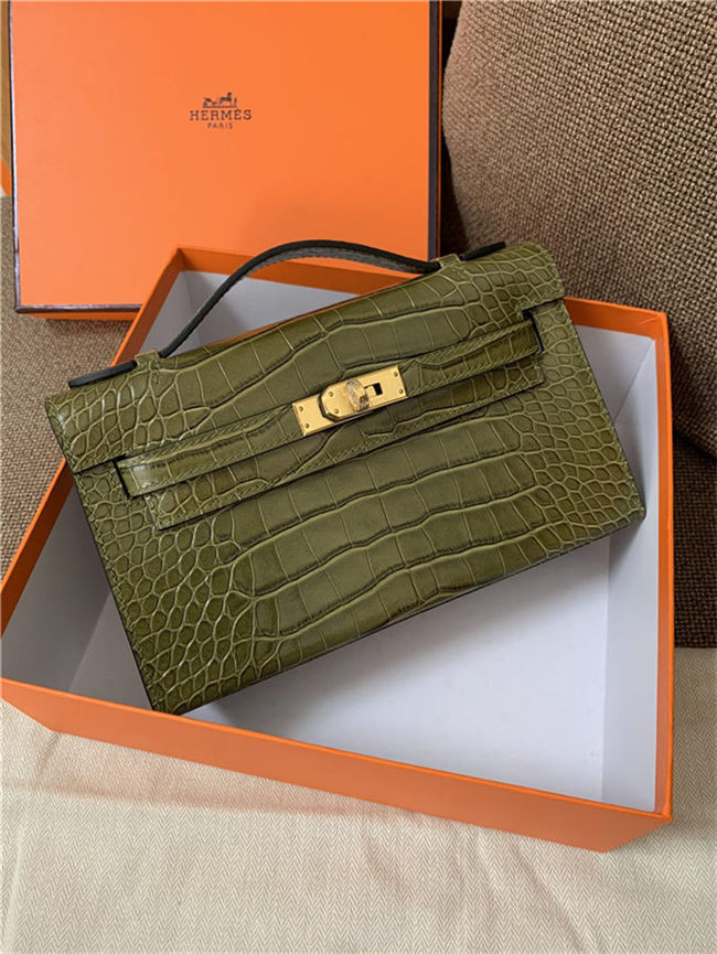 Hermes Kelly Pochette Bag Crocodile Silver/Gold Metal WAX High Customizing Style