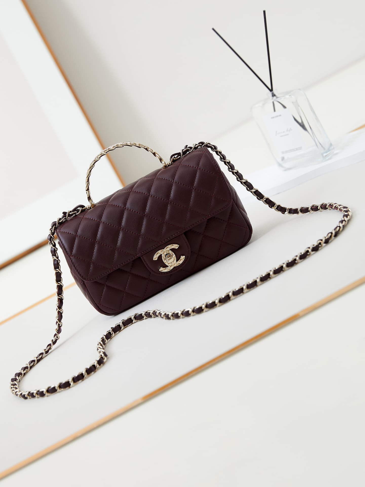 Chanel Mini Flap Bag with Top Handle Lambskin& Gold-Tone Metal Dark Burgundy AS4924 A