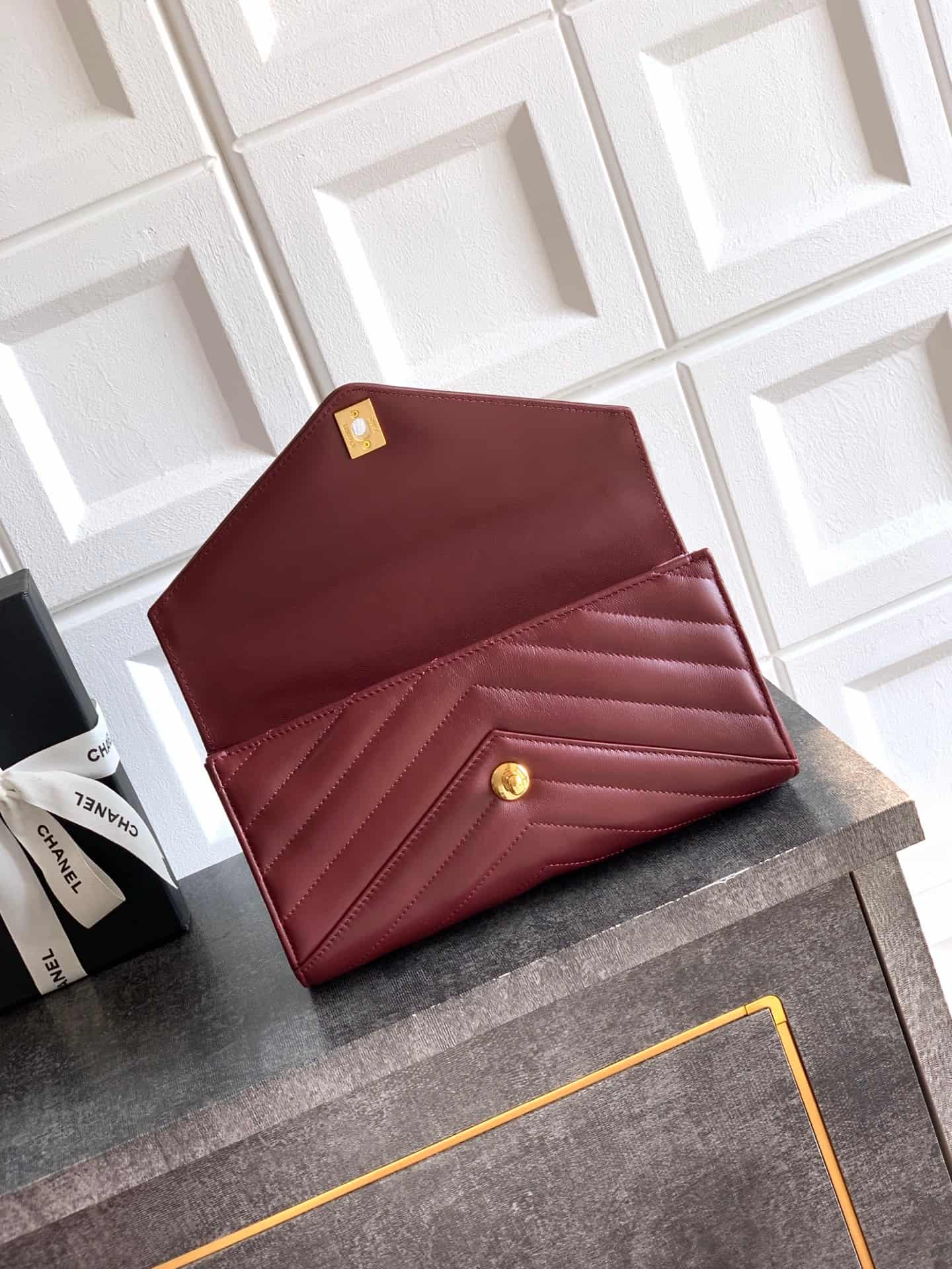 Chanel Flap Bag with Top Handle Chevron Lambskin& Gold-Tone Metal Claret AS6044 A