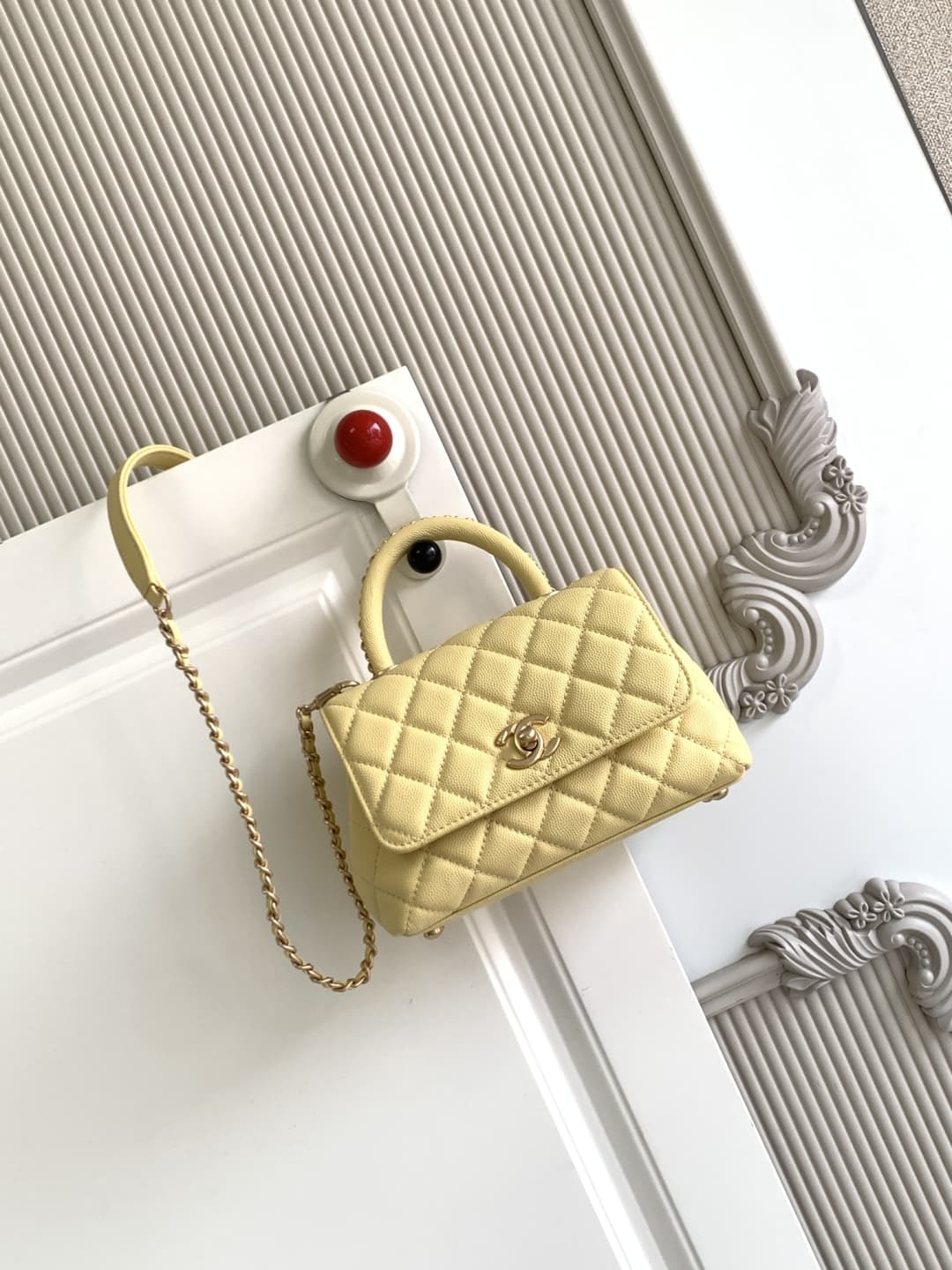 MINI FLAP BAG WITH TOP HANDLE AS2215 Grained Calfskin & Gold Metal Yellow A