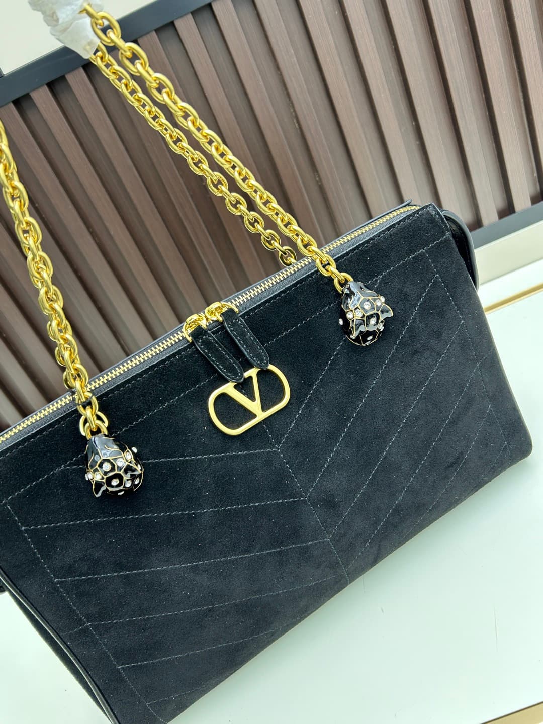 Valentino VLogo Garavani Panthea Shoulder Bag Black Suede Mid