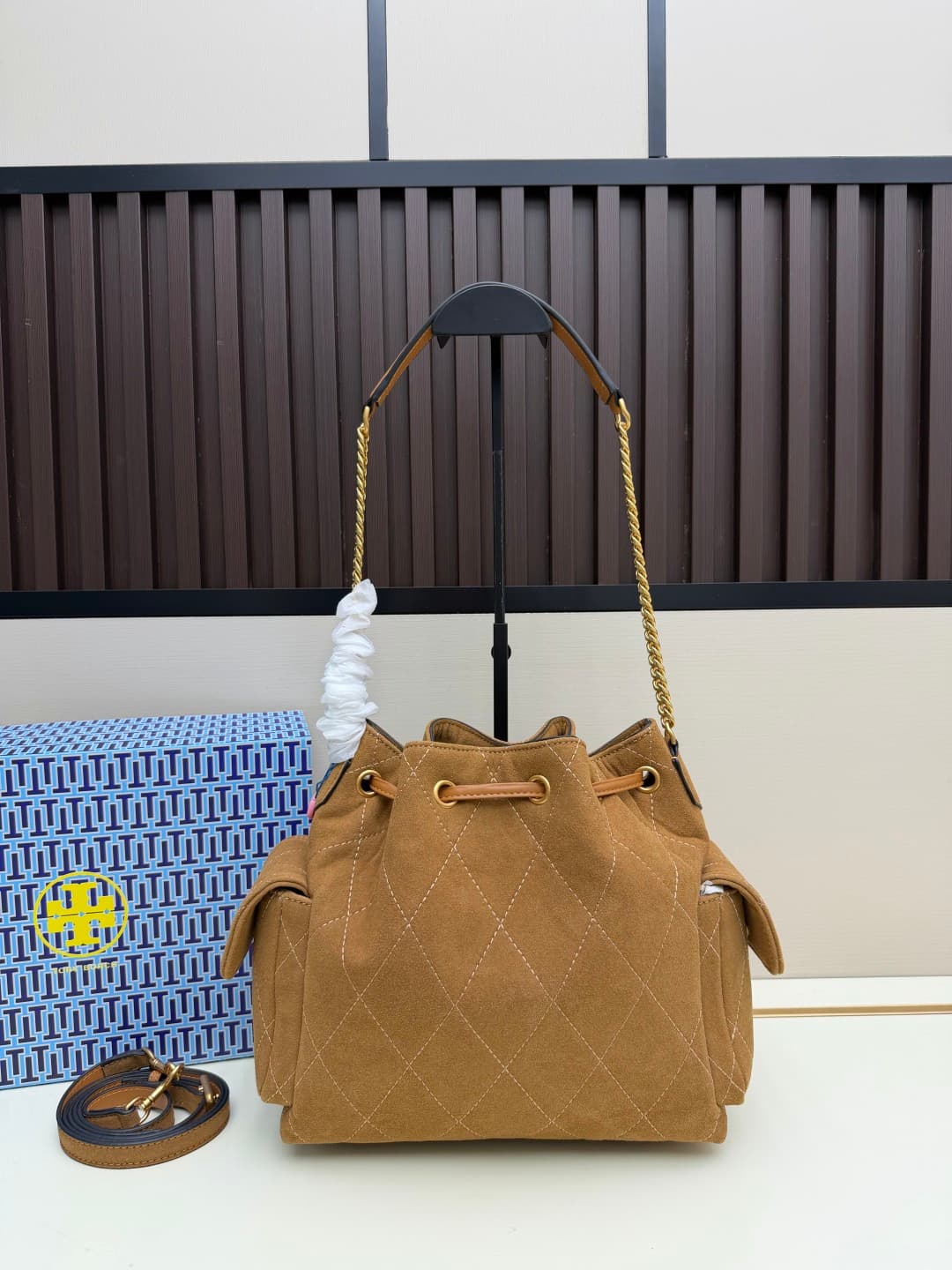 Tory Burch Charlie Quilted Suede Drawstring Shoulder Bag Caramel High