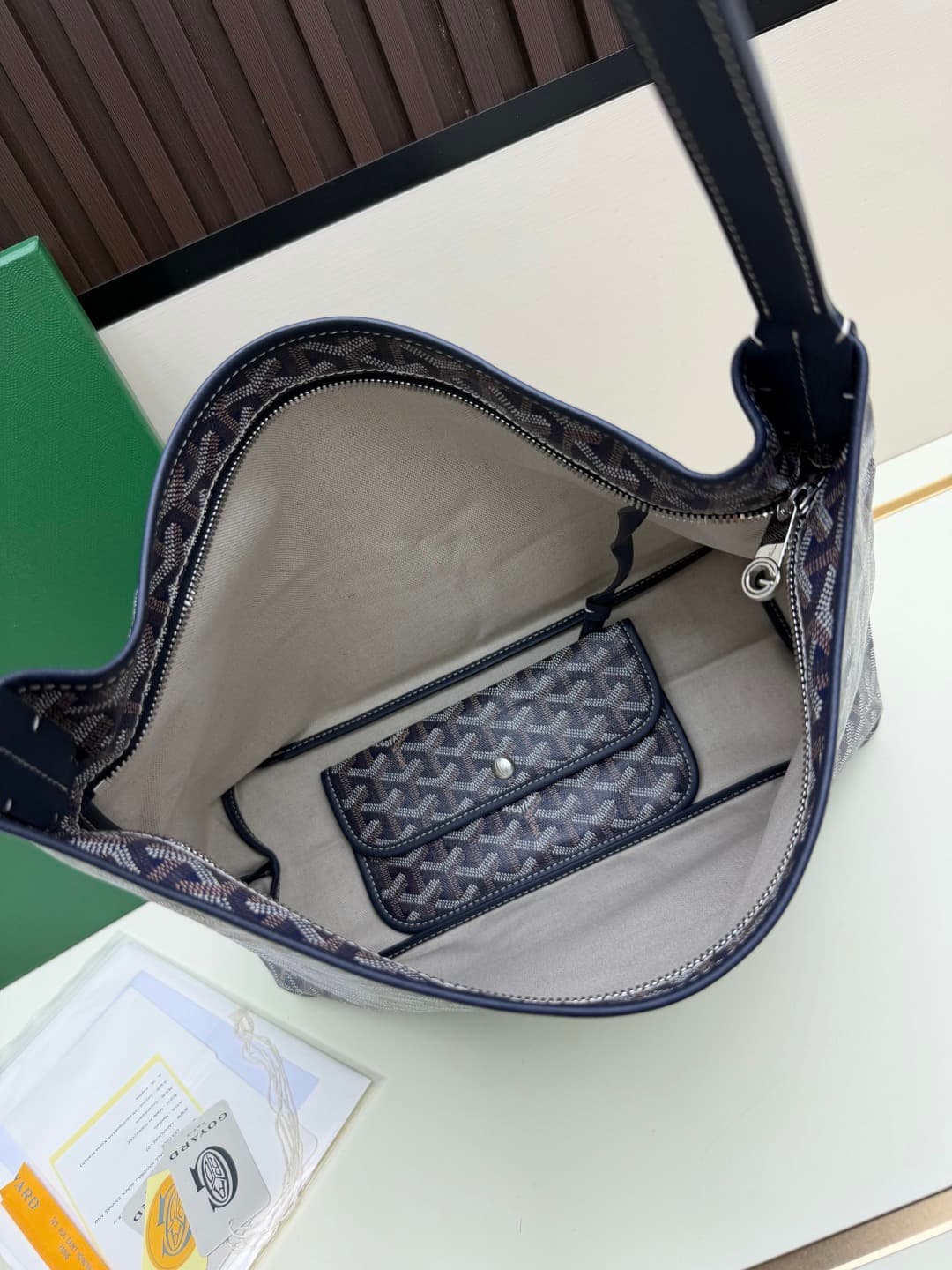 Goyard Bohème Navy Blue Hobo Bag Chevron Canvas and White Painted Mascot High