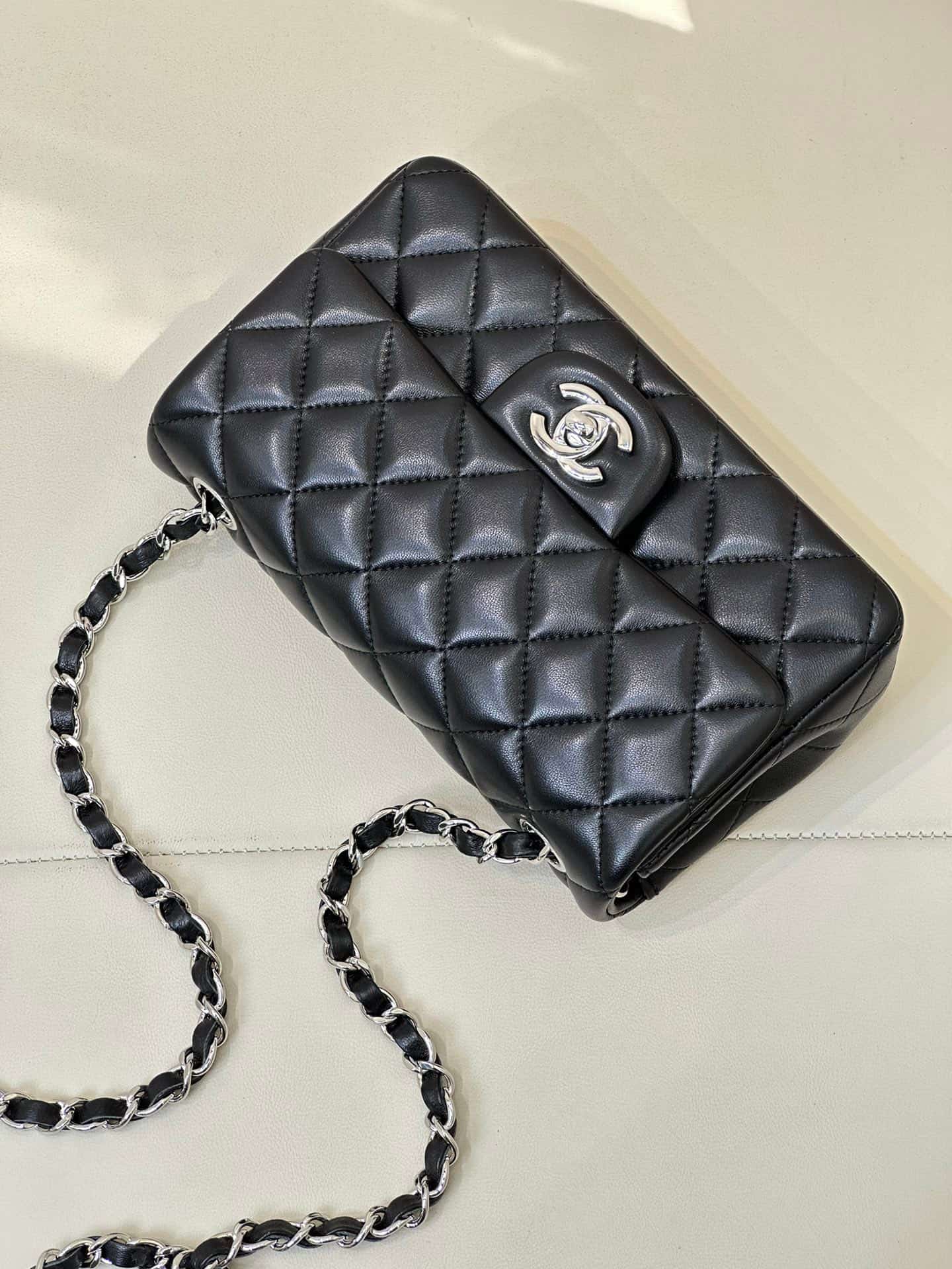 CHANEL Mini Classic Handbag Lambskin & Silver-Tone Metal A69900 Black TOP