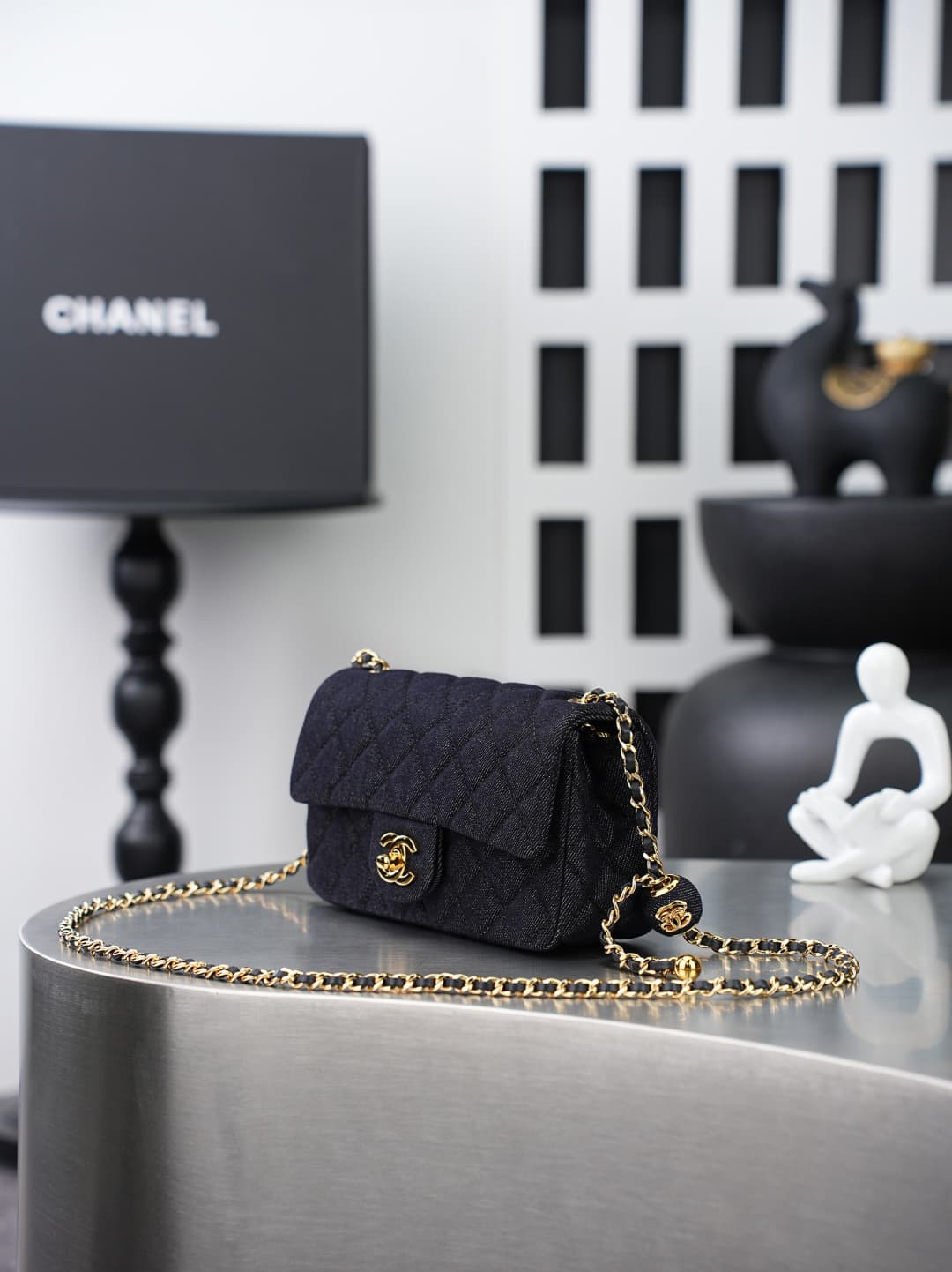 MINI FLAP BAG Denim & Gold-Tone Metal Dark Black AS1787 A