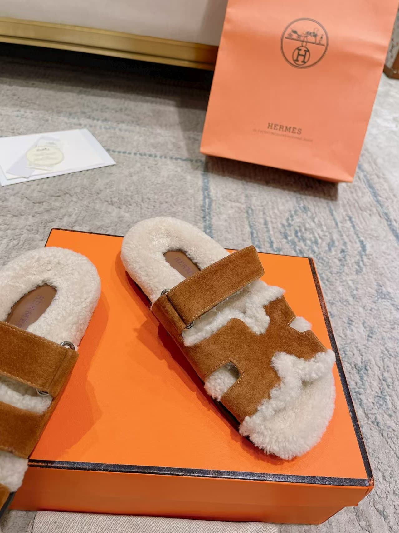 Hermes Chypre Sandals in Shearling and Suede Unisex