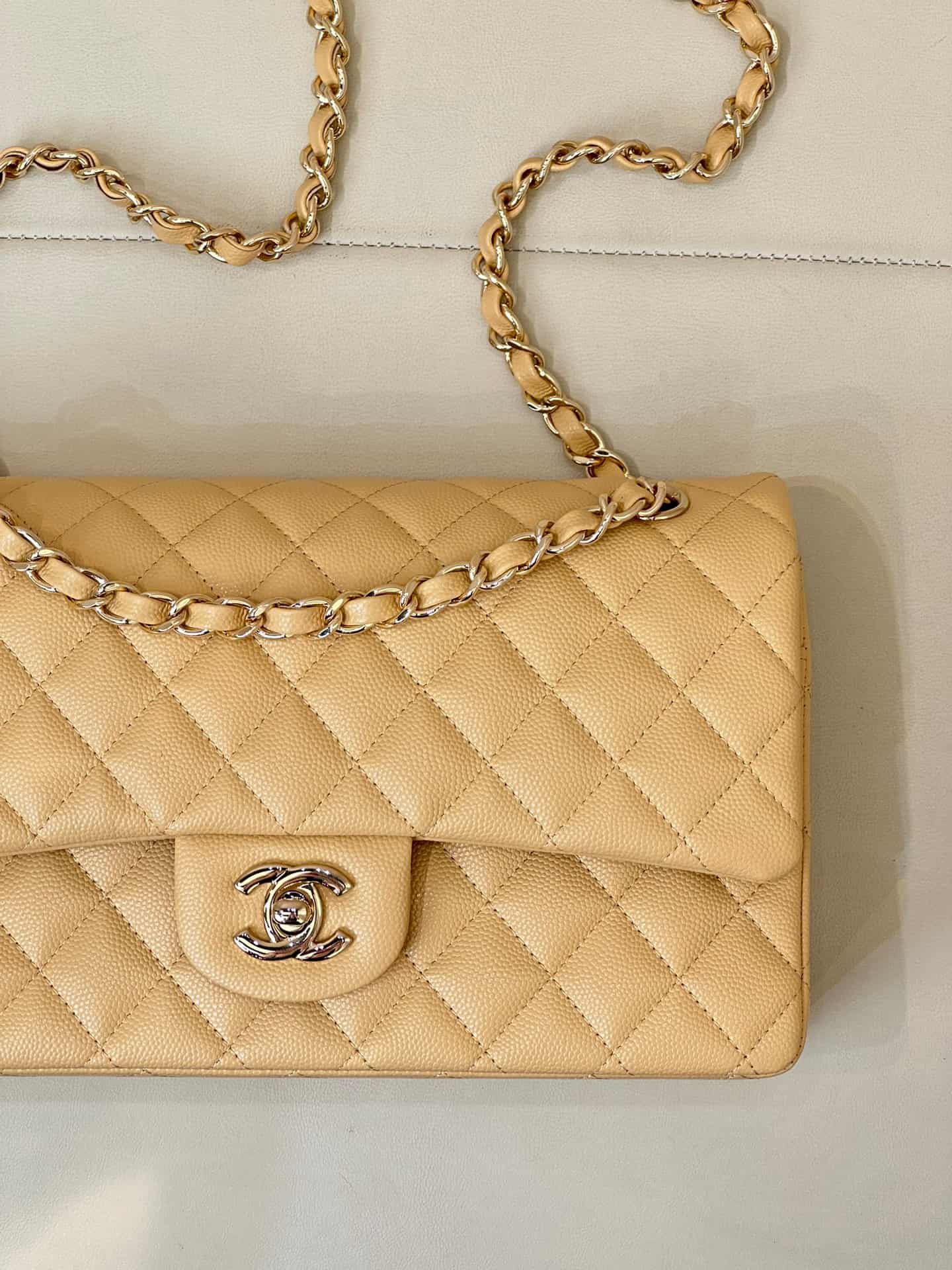 Chanel Medium CLASSIC HANDBAG Grained  Calfskin & Gold-Tone Metal Yellow TOP