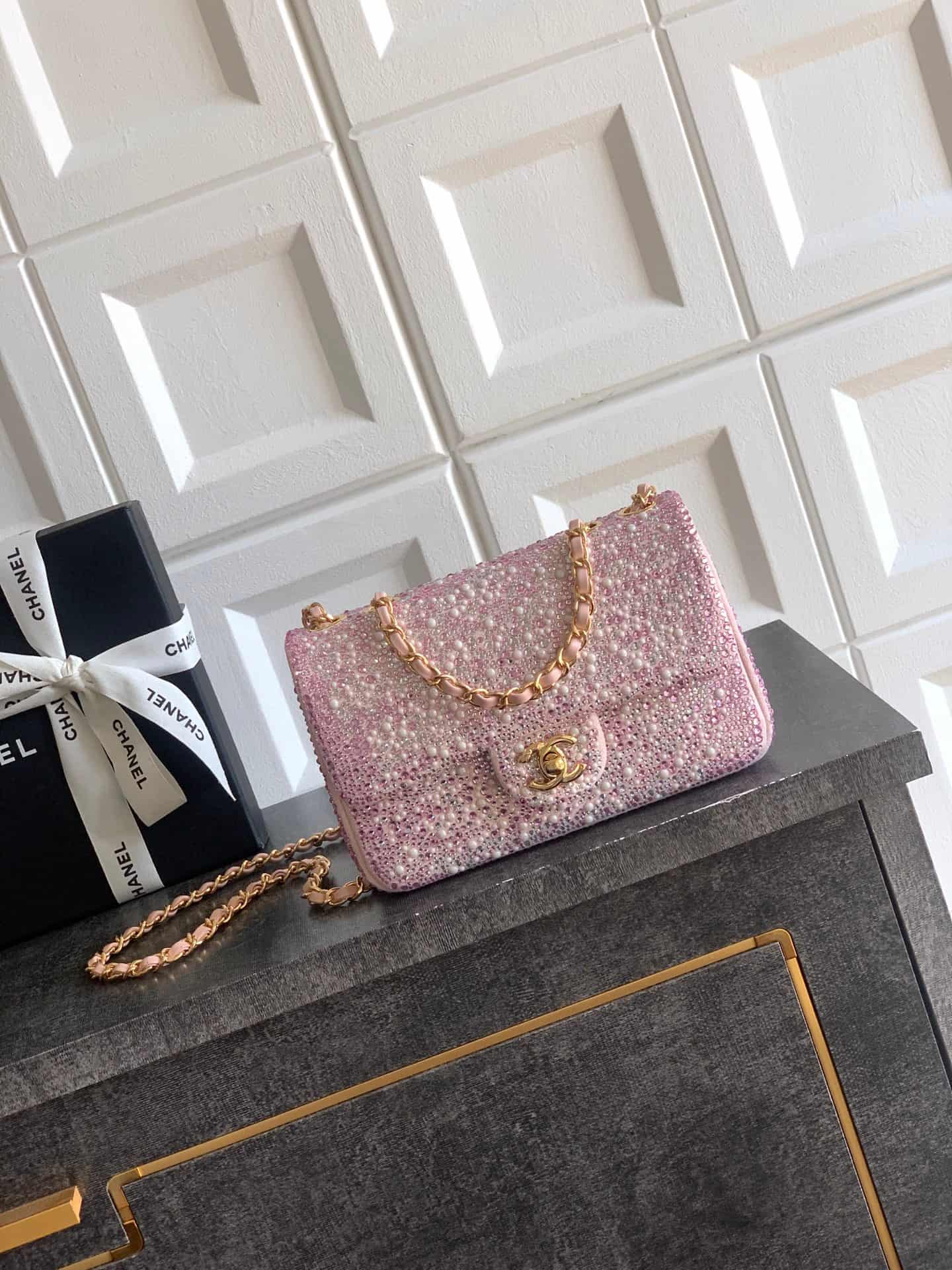 Chanel Classic Mini Flap Bag Strass Imitation Pearls & Gold-Tone Metal  Pink 6171 A