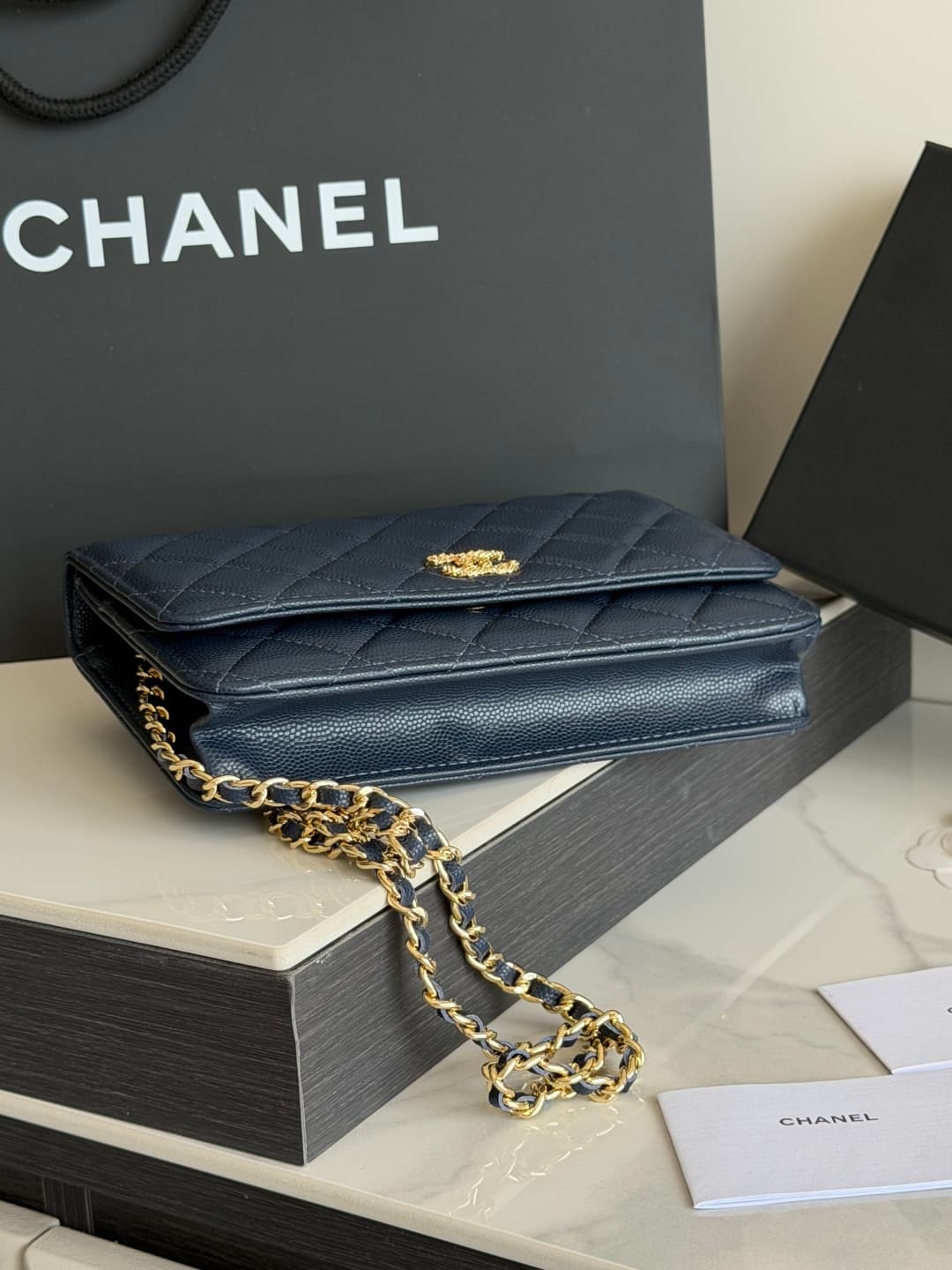 Chanel Wallet on Chain Shiny Grained Calfskin Strass & Gold-Tone Metal Dark Blue AP5073 High