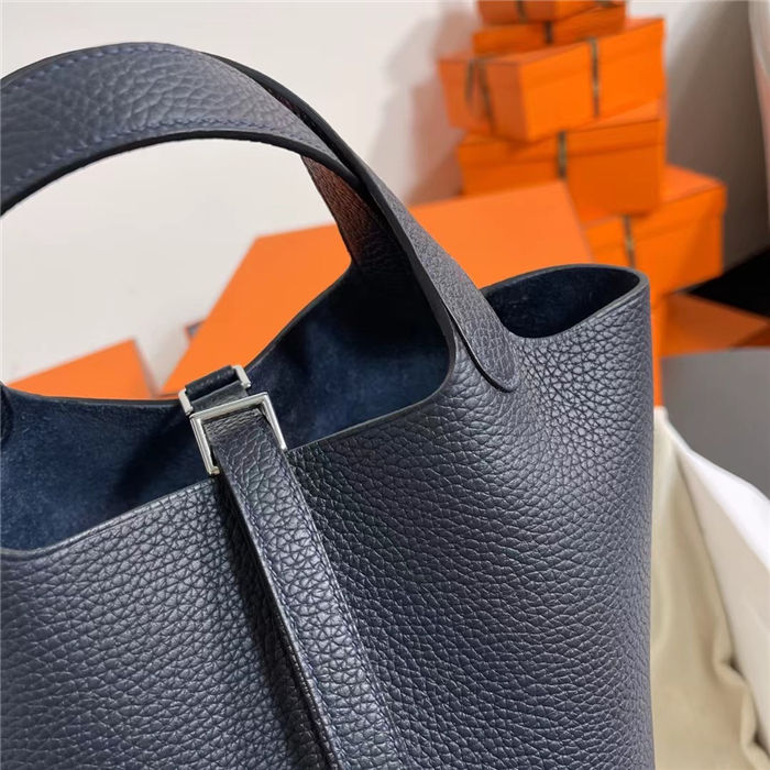 Hermes Picotin Lock 18/22 Bag Togo Leather In Blue Nuit-Silver WAX High