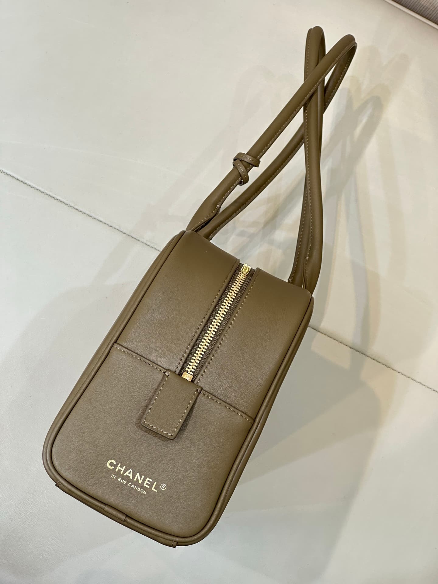 Chanel Large Bowling Bag Calfskin & Gold-Tone Metal Khaki Green AS6211 TOP