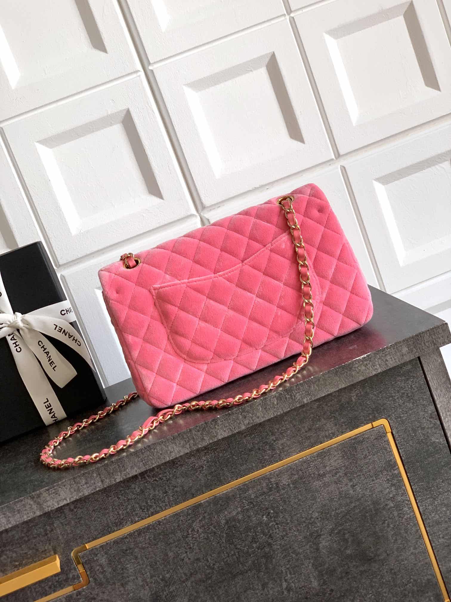 Chanel Medium CLASSIC HANDBAG Velvet  & Gold-Tone Metal Peach A
