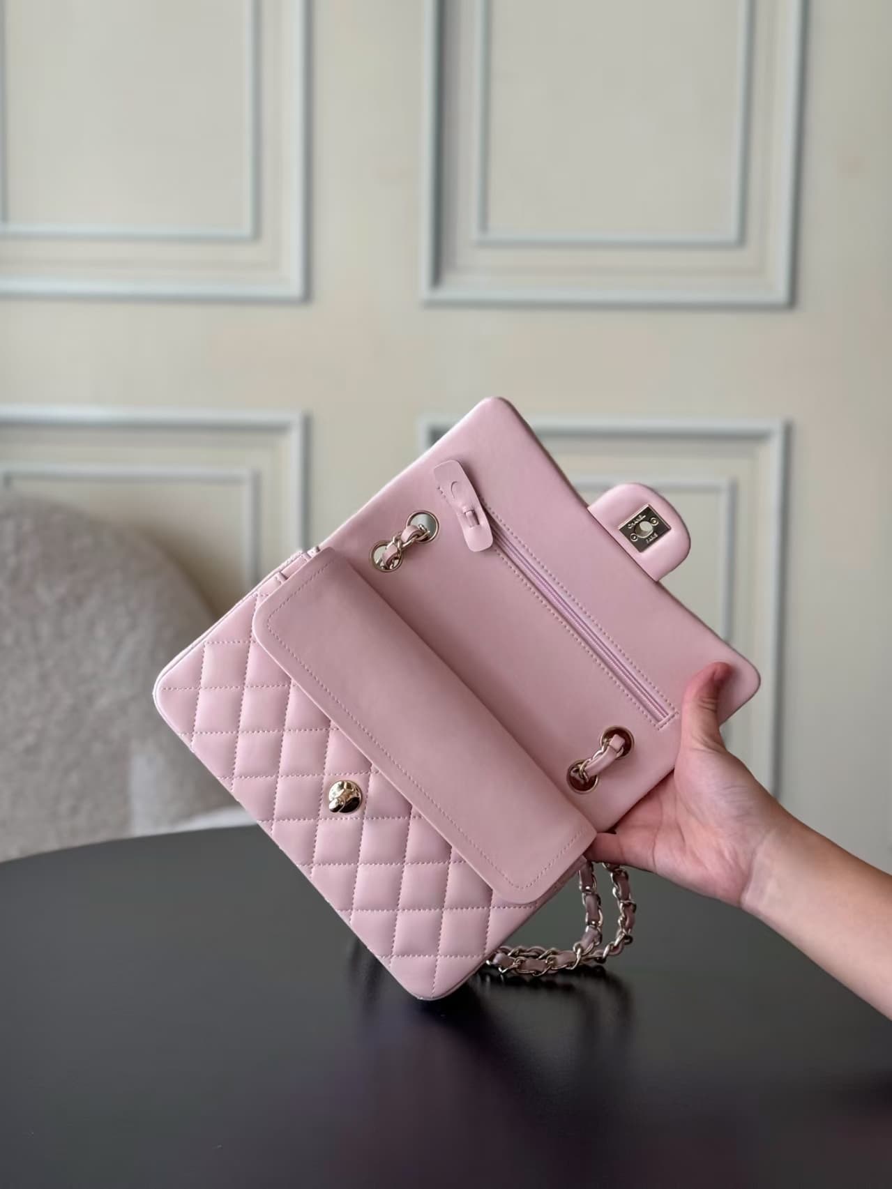 Chanel Small CLASSIC HANDBAG Lambskin Gold-Tone Metal Pink 1117 TOP