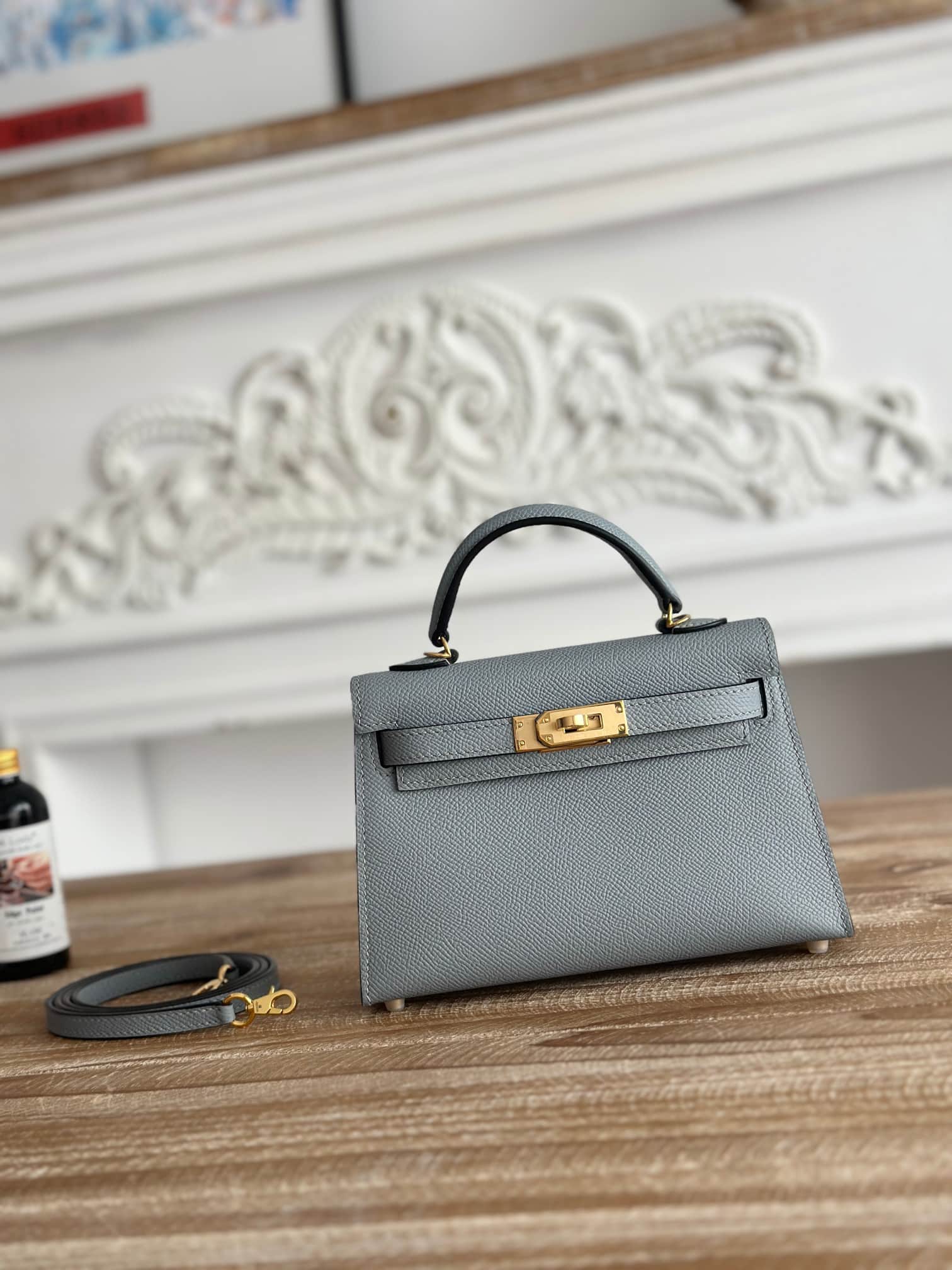 Hermes Kelly Mini II Bag Epsom Leather WAX Silver/Gold Metal Vert Amande High