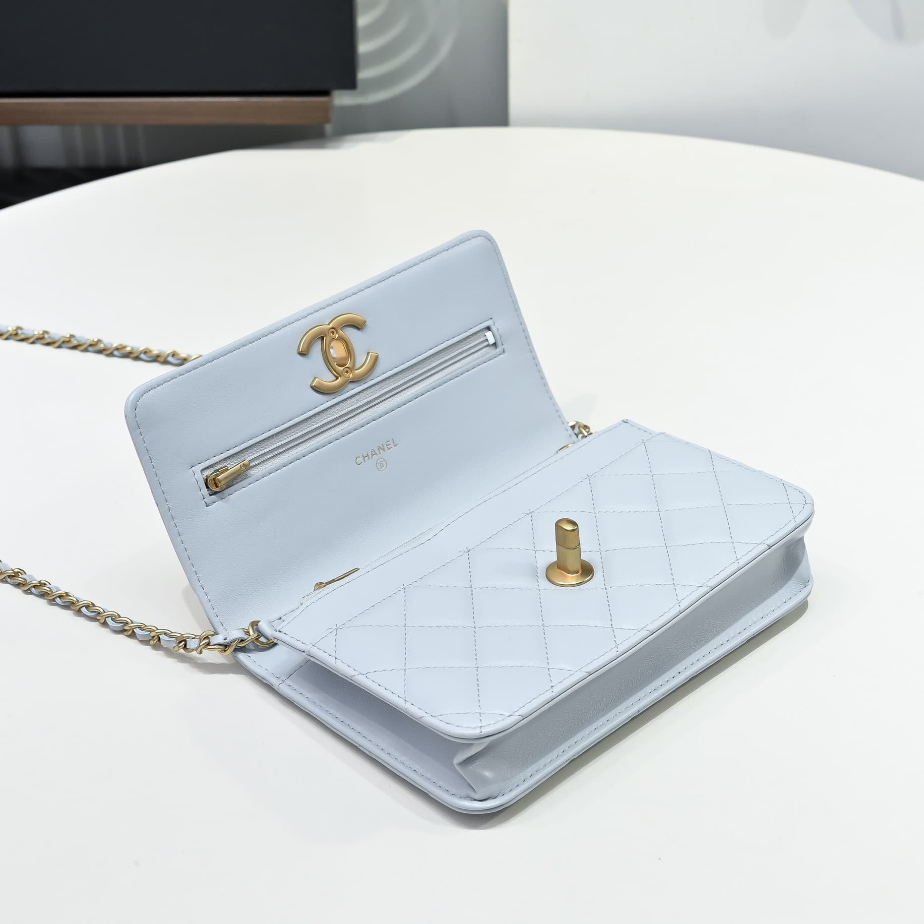 Chanel Wallet on Chain Quilted Leather  & Gold-Tone Metal Light Blue AP3938 High