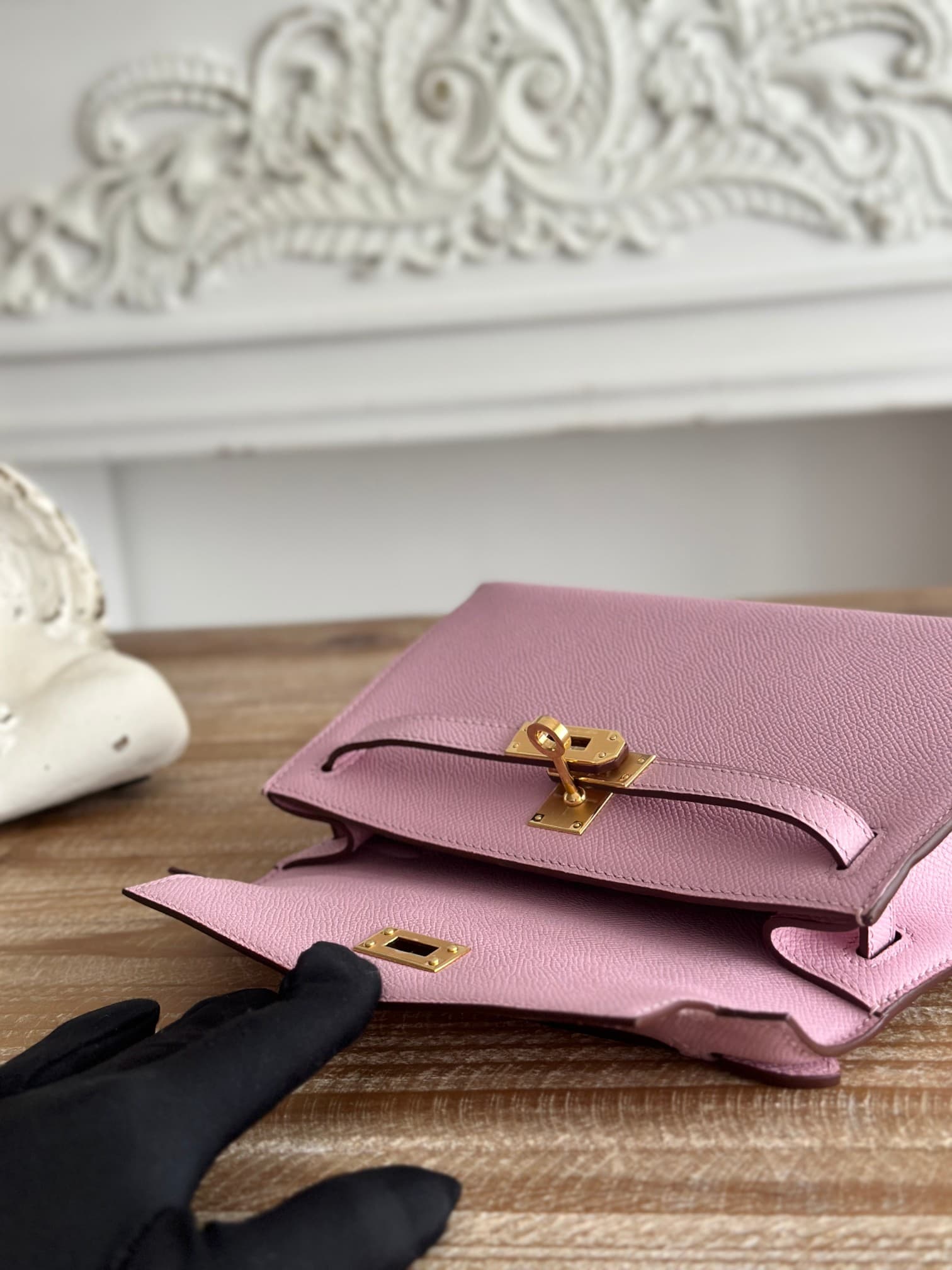 Hermes Kelly Pochette Bag Epsom Leather Silver/Gold Metal Mauve Sylvestre WAX High