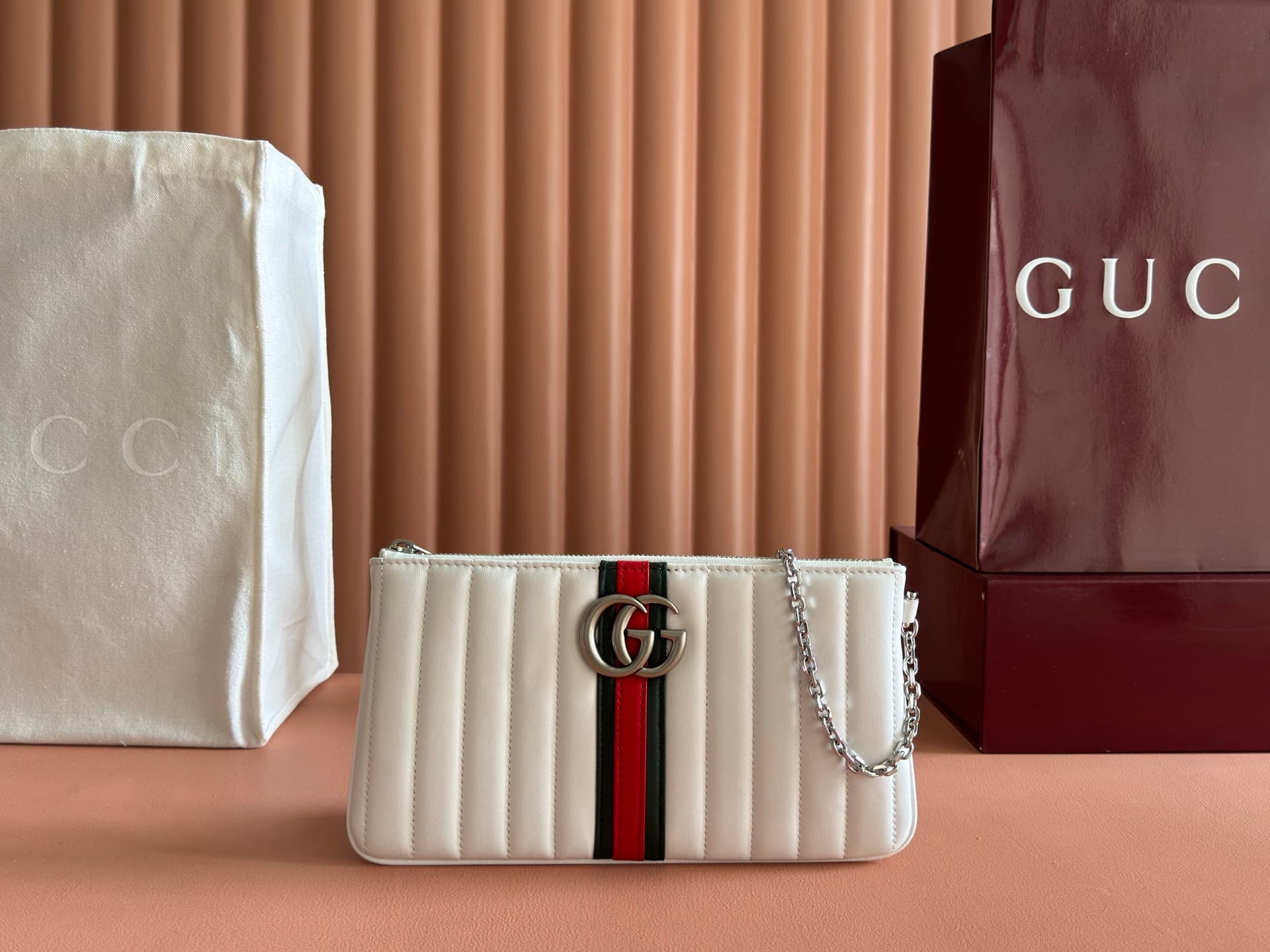 Gucci GG Marmont pouch with strap White vertical matelassé nappa leather A006X2 High
