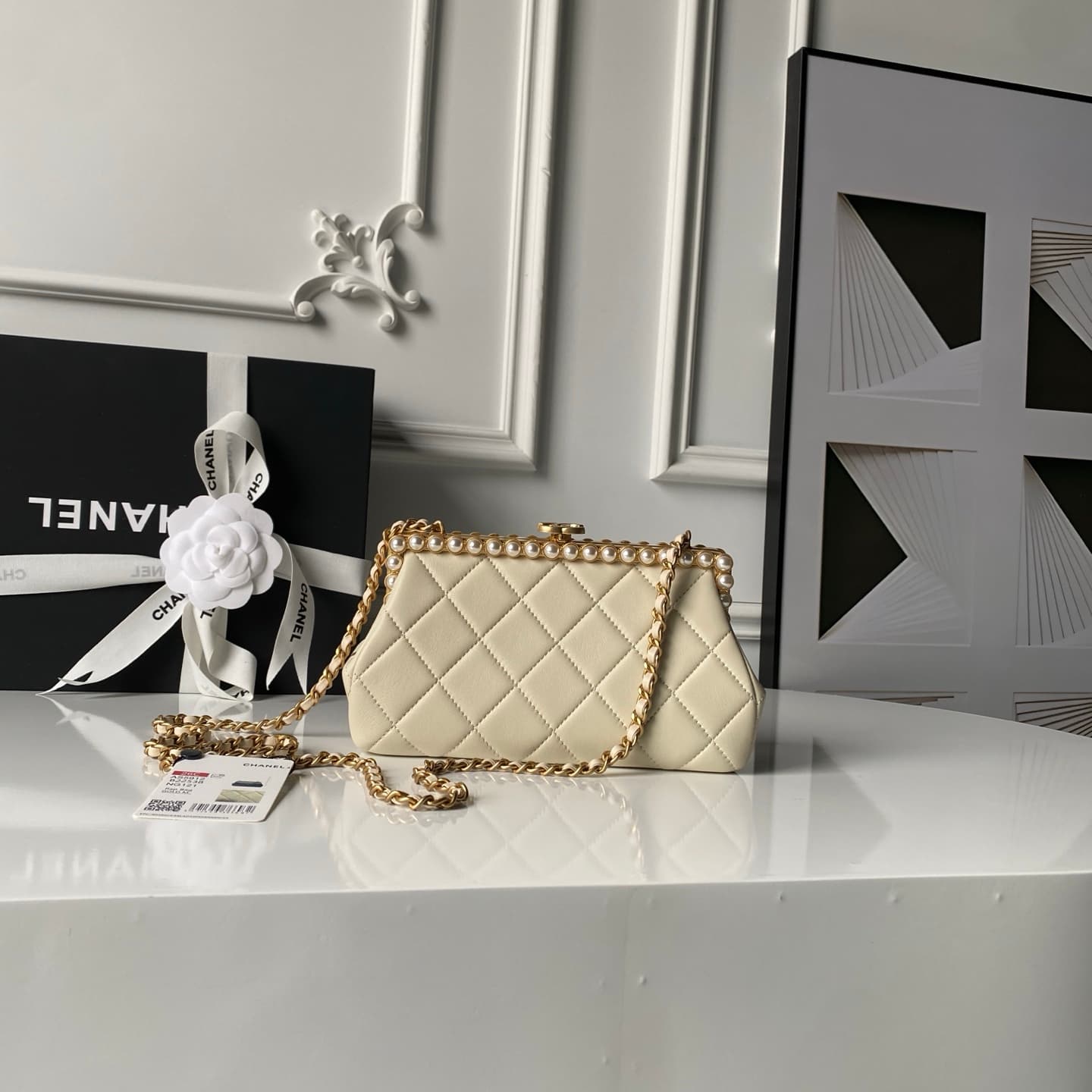 Chanel Pearly Lambskin Imitation Pearls & Gold-Tone Metal Beige AS5912 A