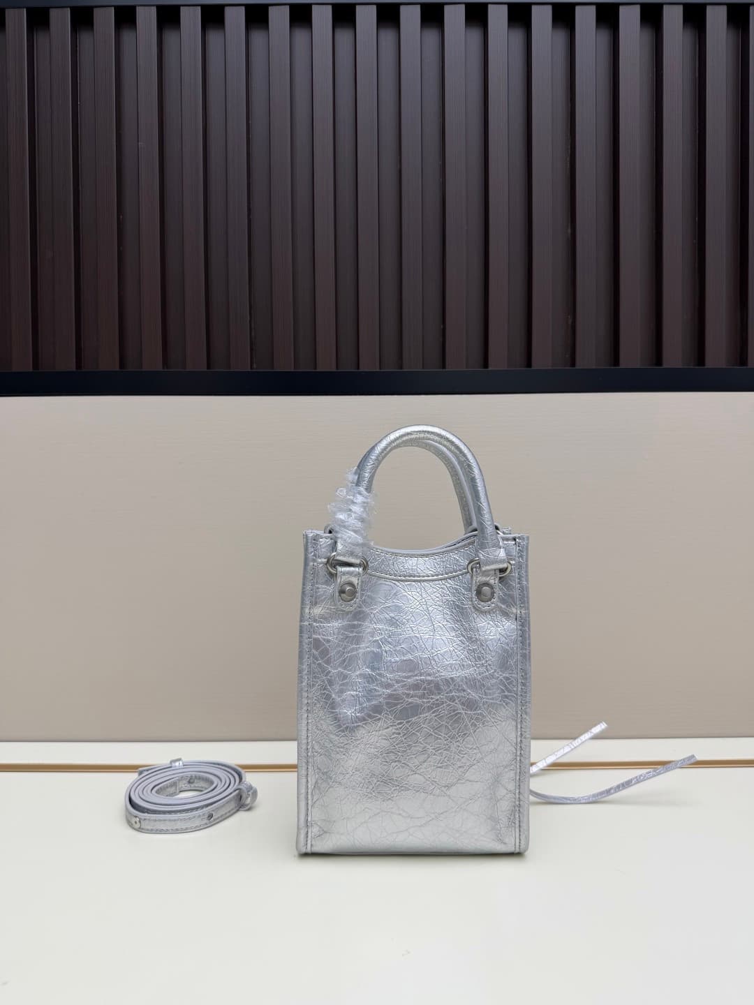 Balenciaga Le City Leather Tote Phone Holder Silver High