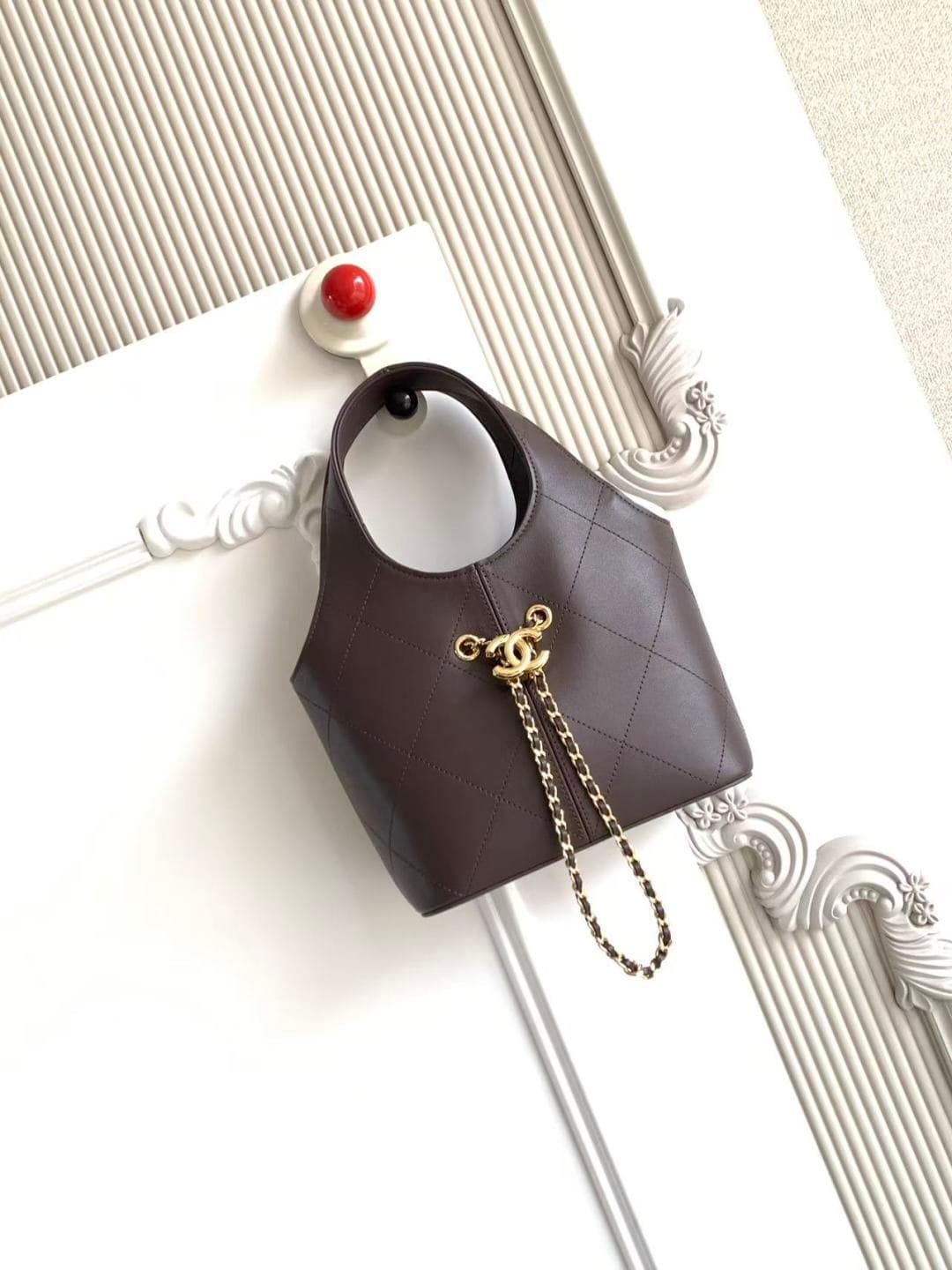 Chanel Small Shopping Bag Dark Brown Leather & Gold-Tone Metal AS6132 A