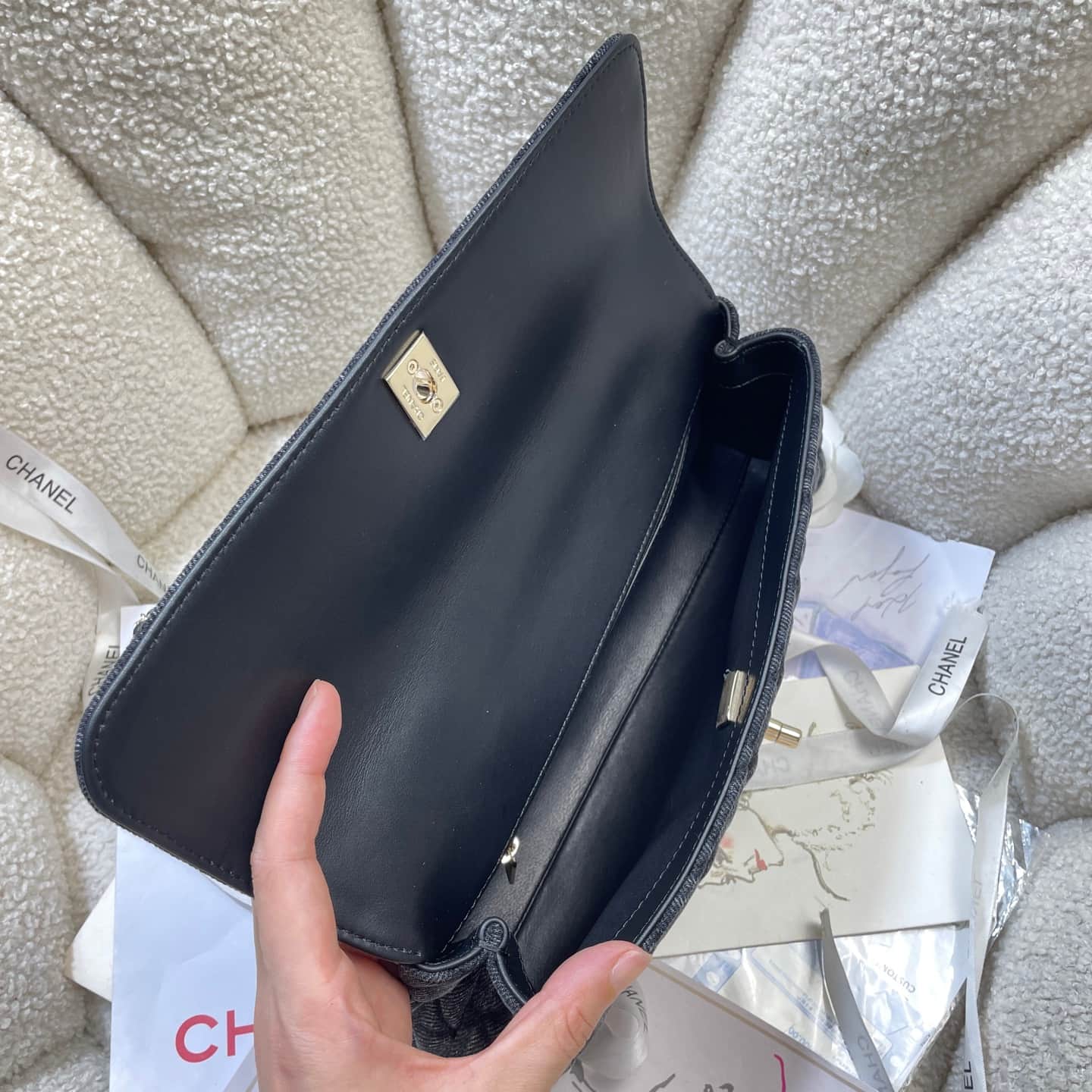 Chanel Maxi Flap Bag with Top Handle Washed Denim& Gold-Tone Metal AS6091 Black A