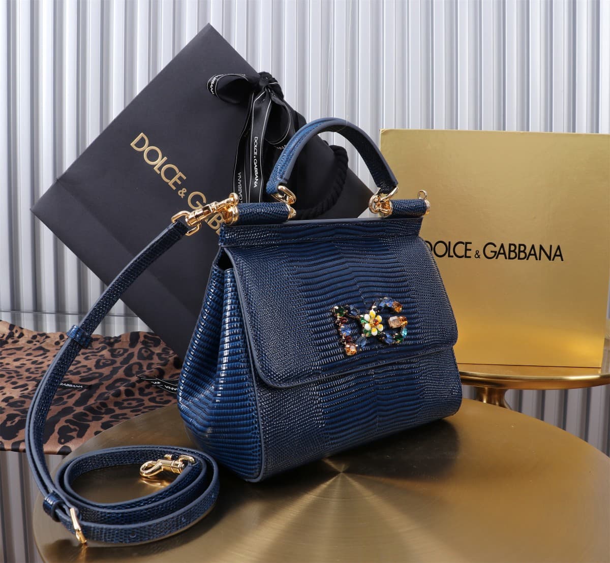 Sicily Handbag 20cm in Iguana Print Calfskin and Crystal DG Logo Patch High