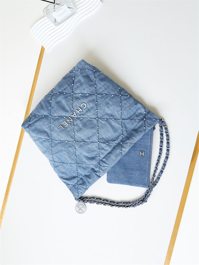 Chanel 22 SMALL HANDBAG Denim & Silver-Tone Metal AS3260 Blue A