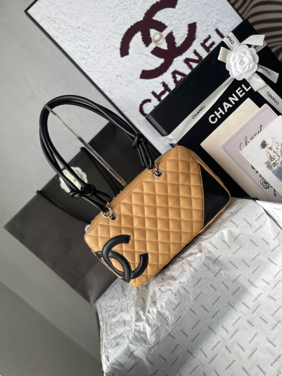 Chanel Cambon Ligne Bowler bag Calfskin & Silver-Tone Metal AS25171 Beige High