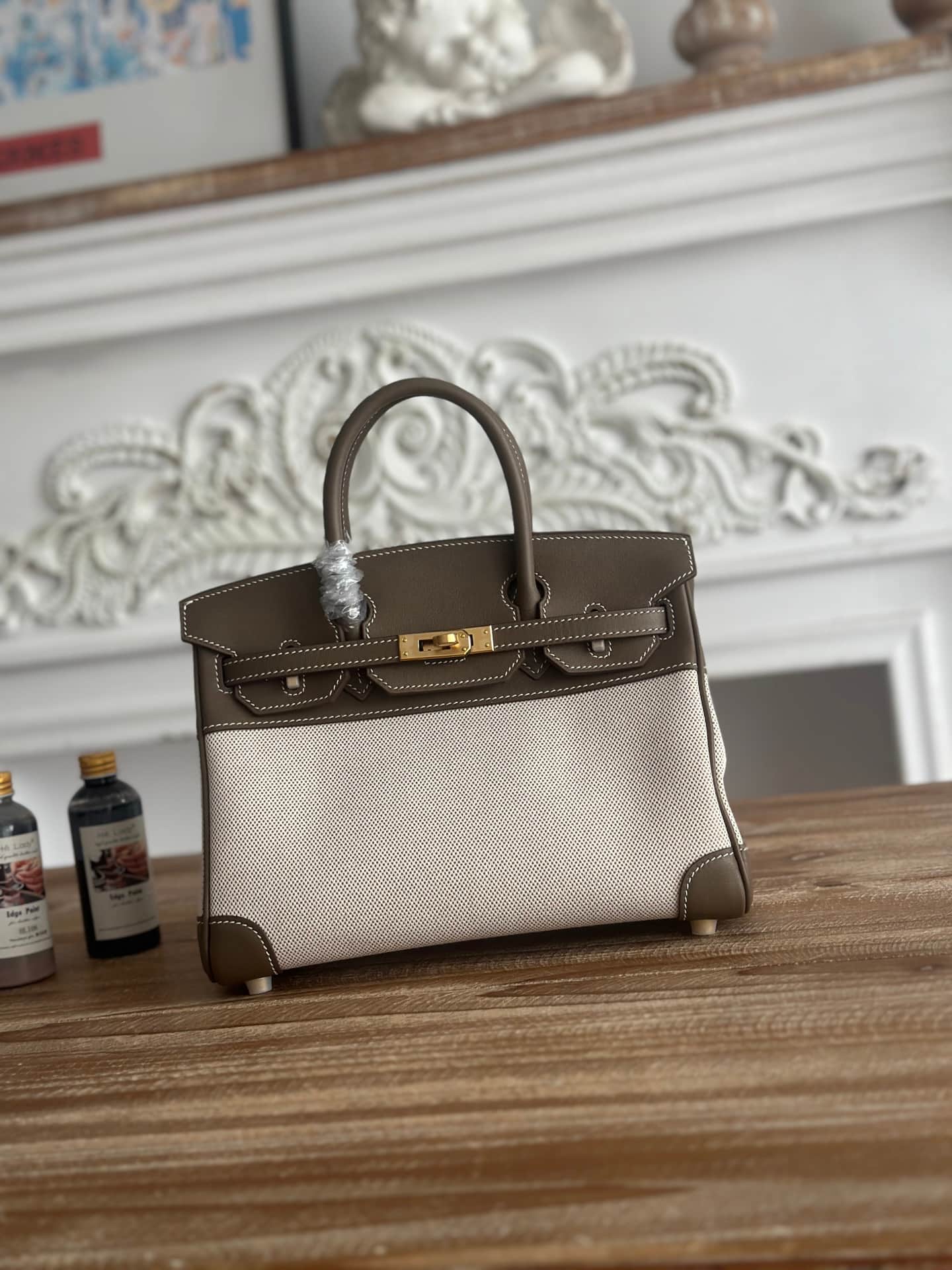 Hermes Birkin 25/30 Bag Canvas & Swift Leather WAX High