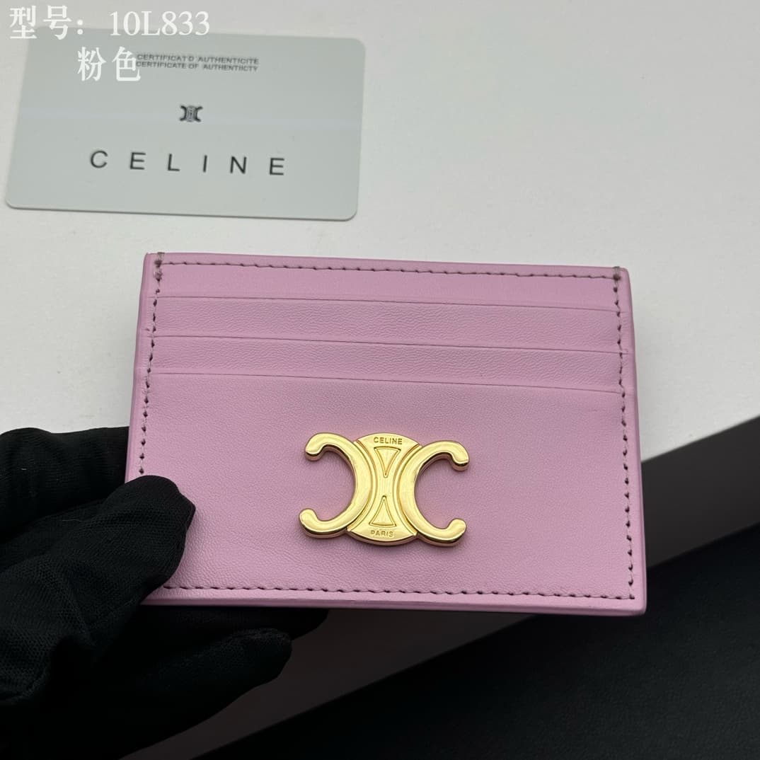 Celine Card Holder Triomphe in Shiny Calfskin Leather Pink High