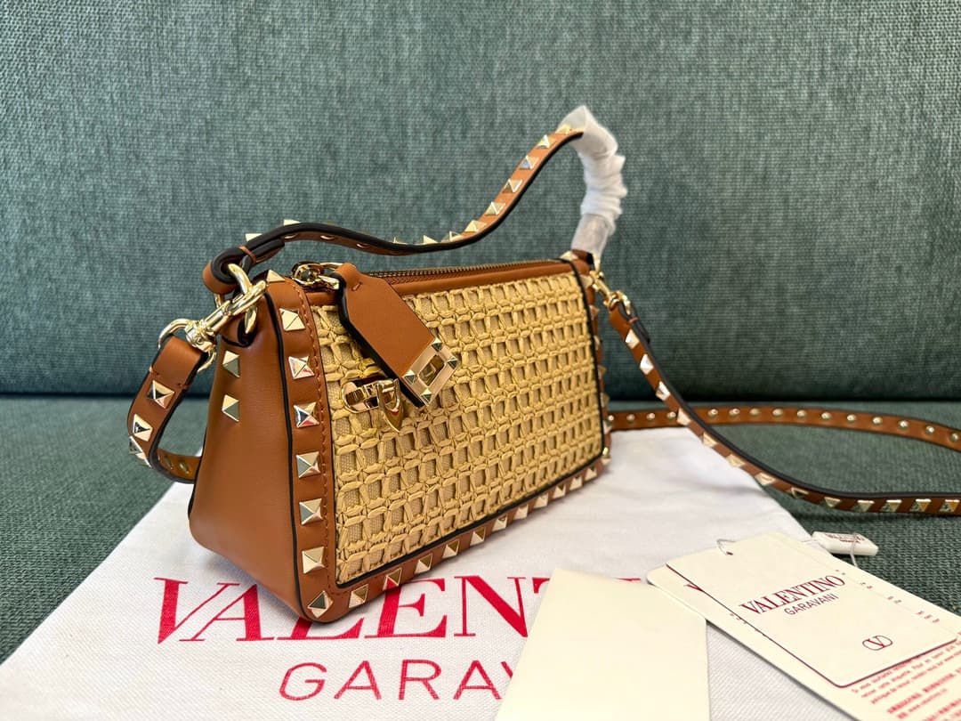 Valentino Garavani Rockstud Raffia and leather crossbody clutch High