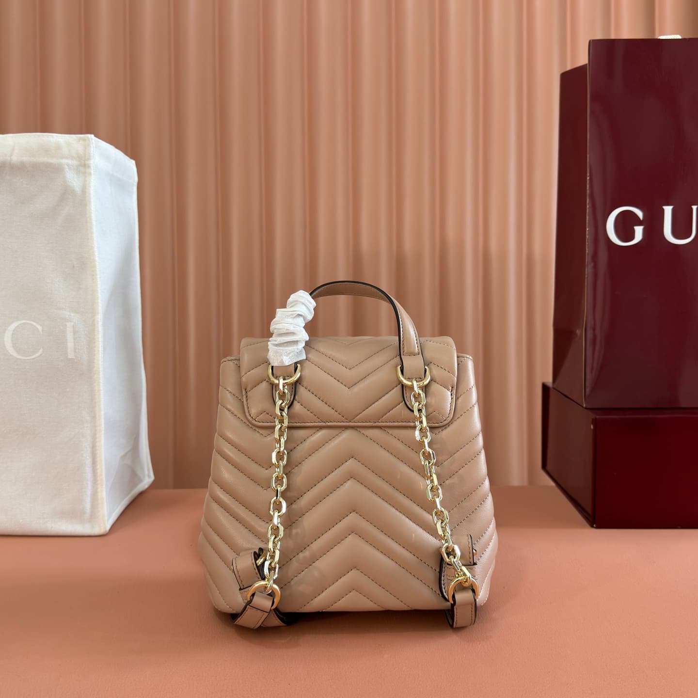 Gucci GG Marmont Mini Backpack Beige Matelassé Chevron Nappa Leather 855921 High