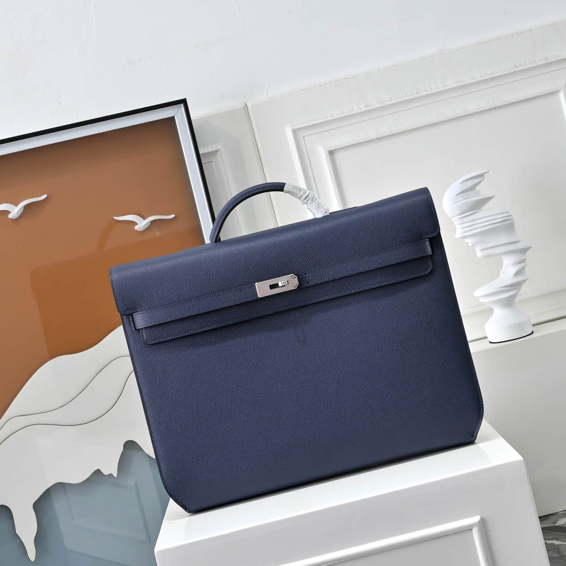 Hermes Kelly depeches Epsom 36 briefcase In Navy blue Silver Metal CalfskIn WAX High
