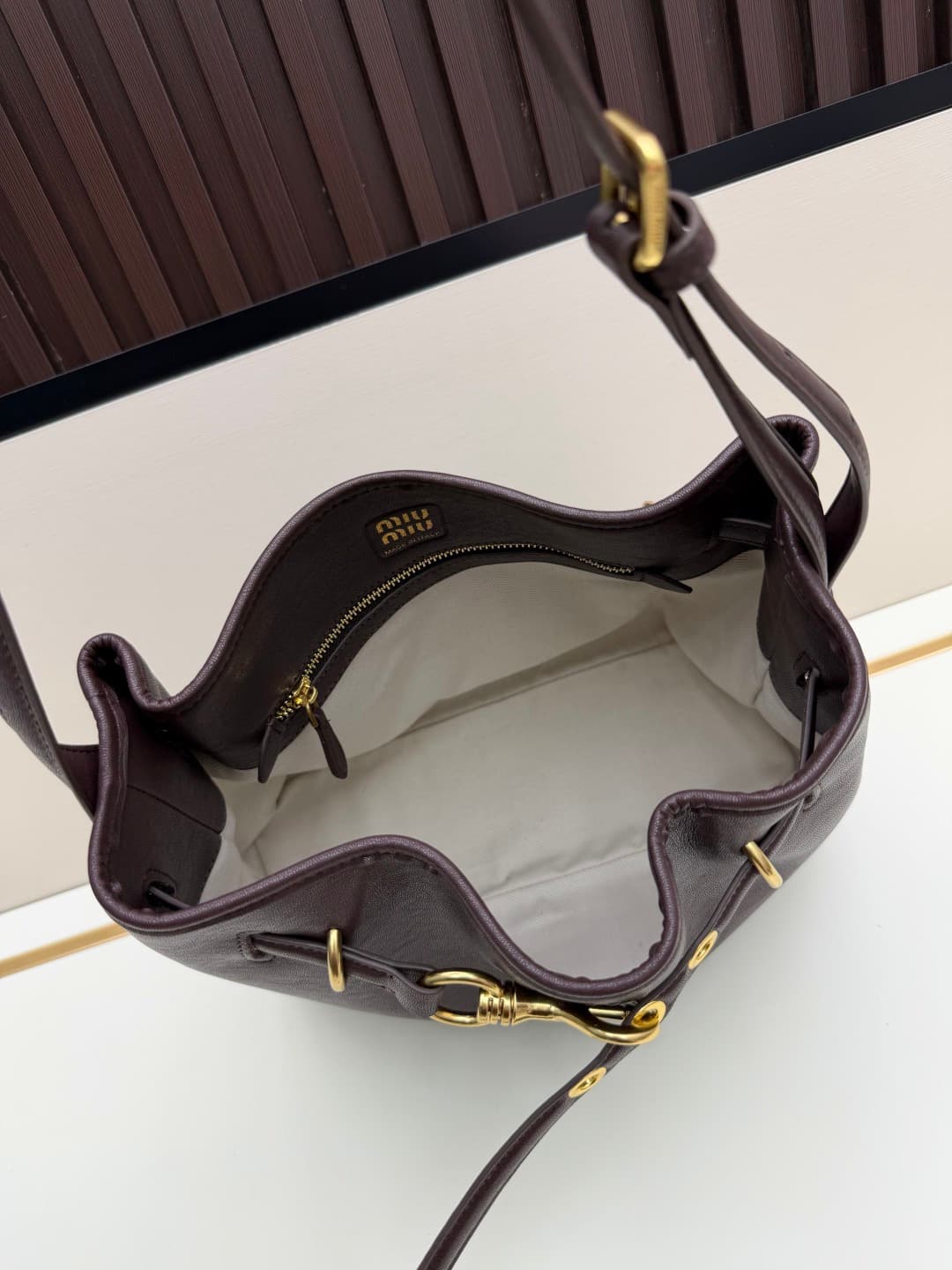 Miu Miu Aventure Calfskin Leather Bucket Bag Dark Brown High