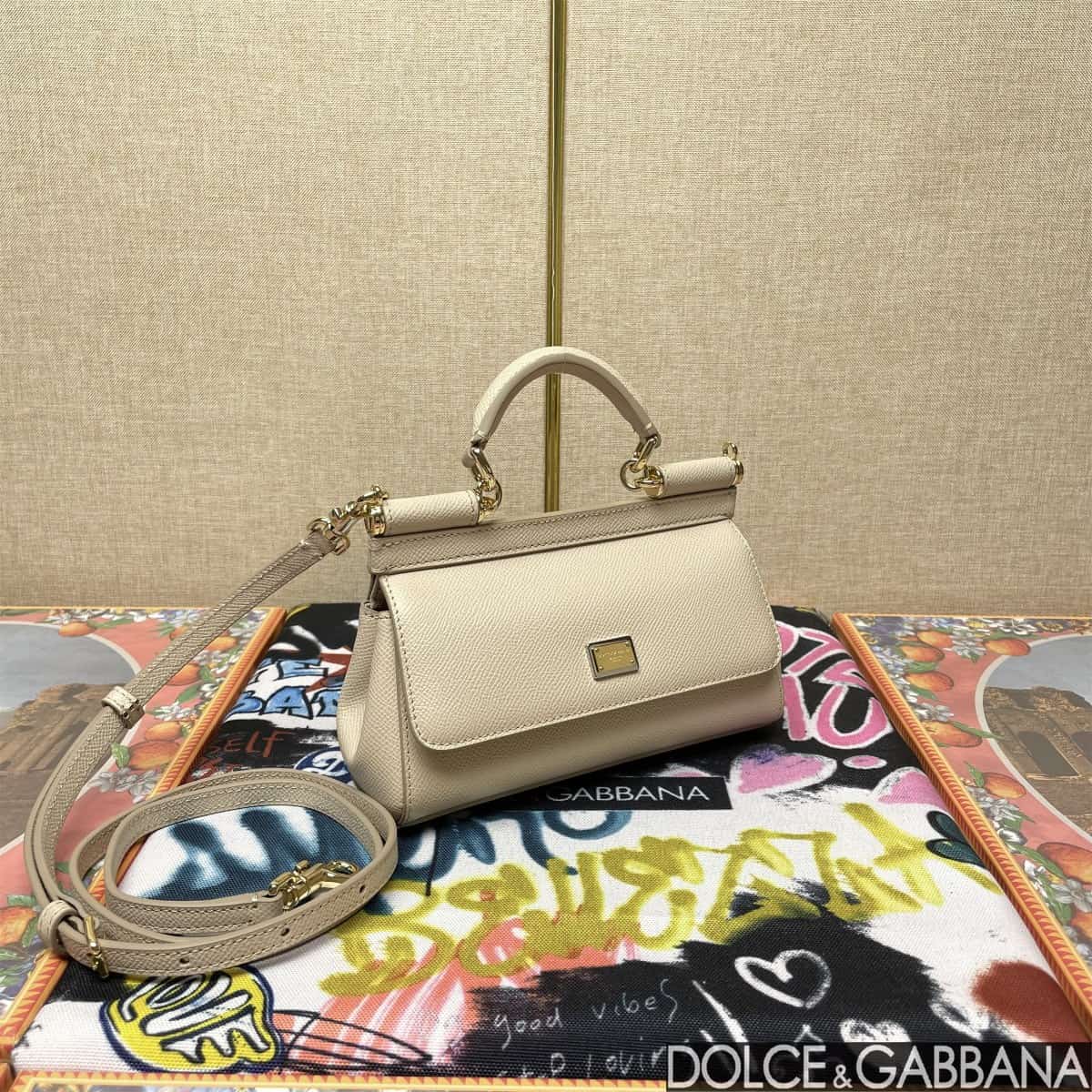 Dolce & Gabbana Miss Sicily top handle bag calfskin leather Beige High