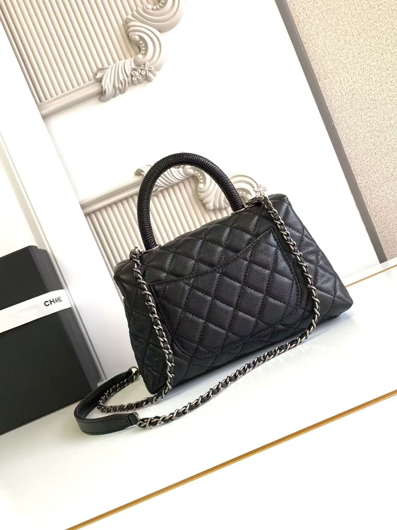SMALL FLAP BAG WITH TOP HANDLE Grained Calfskin Black-binding Anti-silver Metal High