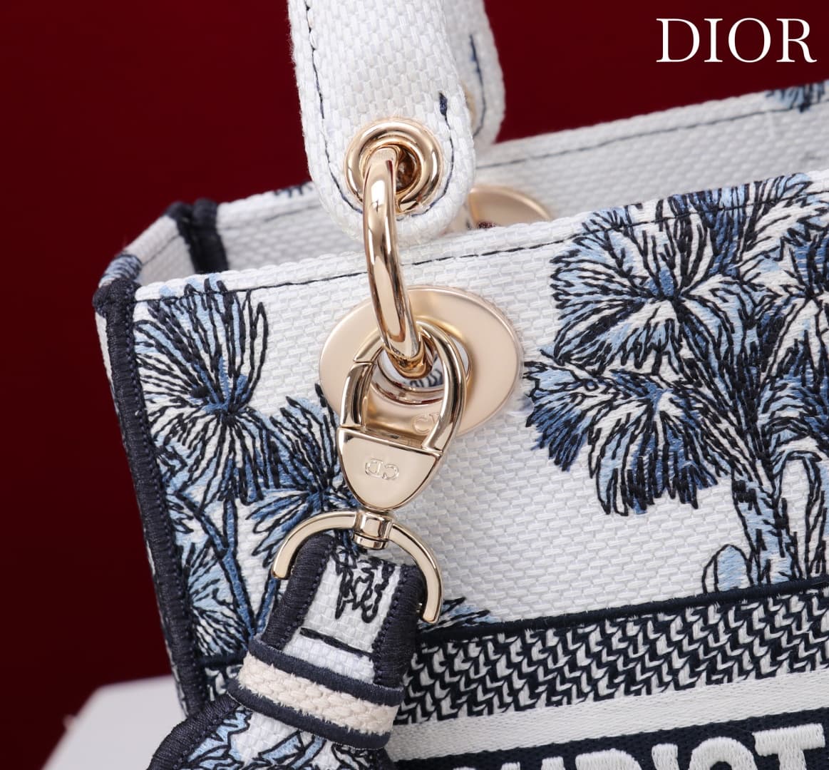 Medium Lady D-Lite Bag White and Navy Toile de Jouy Palms Embroidery High